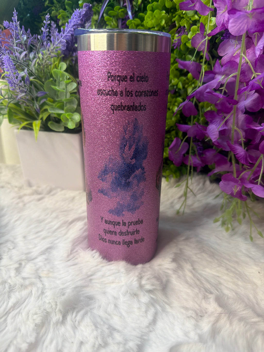 Hay poder en la oración tumbler morado con destellos de glitter 20 oz
