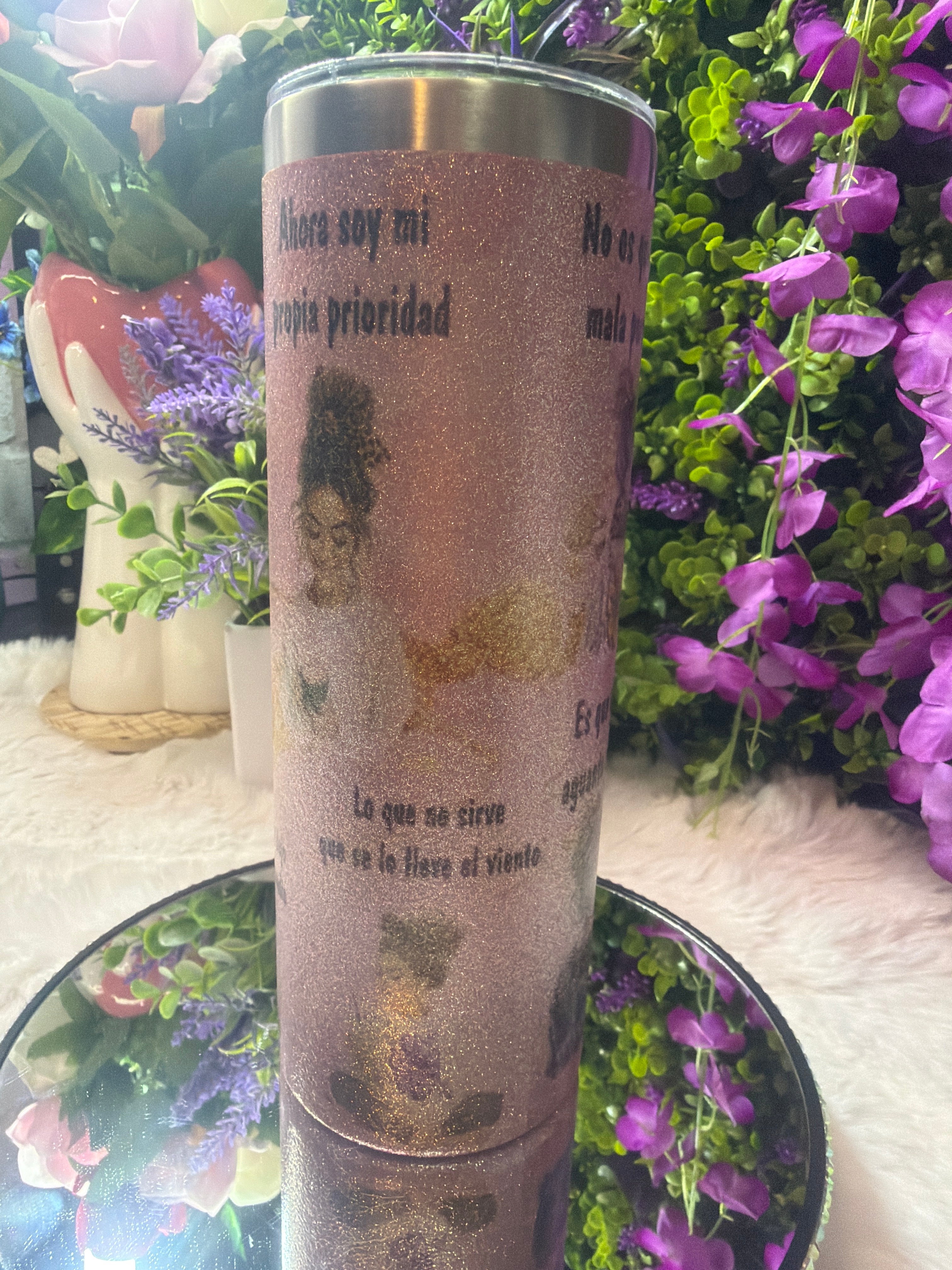 Ahora soy mi prioridad tumbler rosa con destellos de glitter