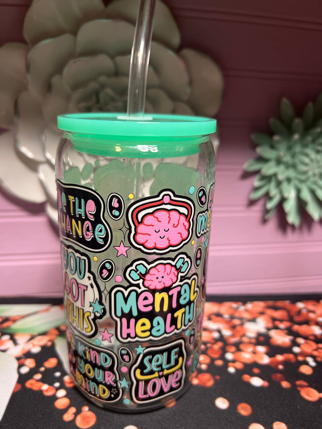 Mental Health glass cup 16 oz stickers UV DTF