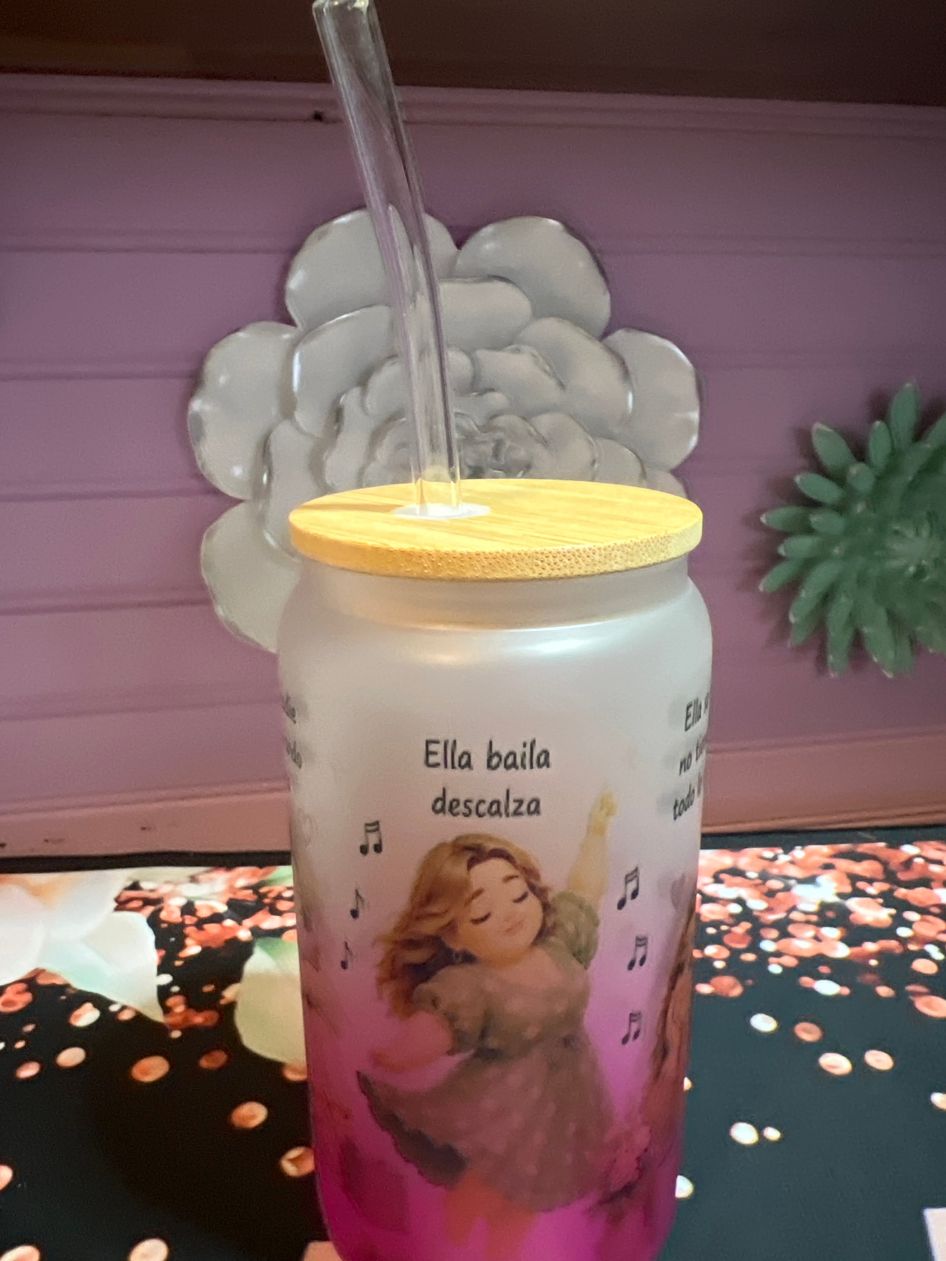 Pink frosted glass cup 16 oz.