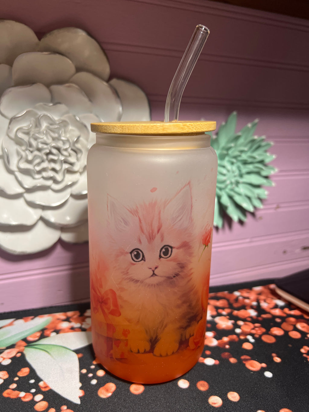 Cat Frosted glass cup 16 oz