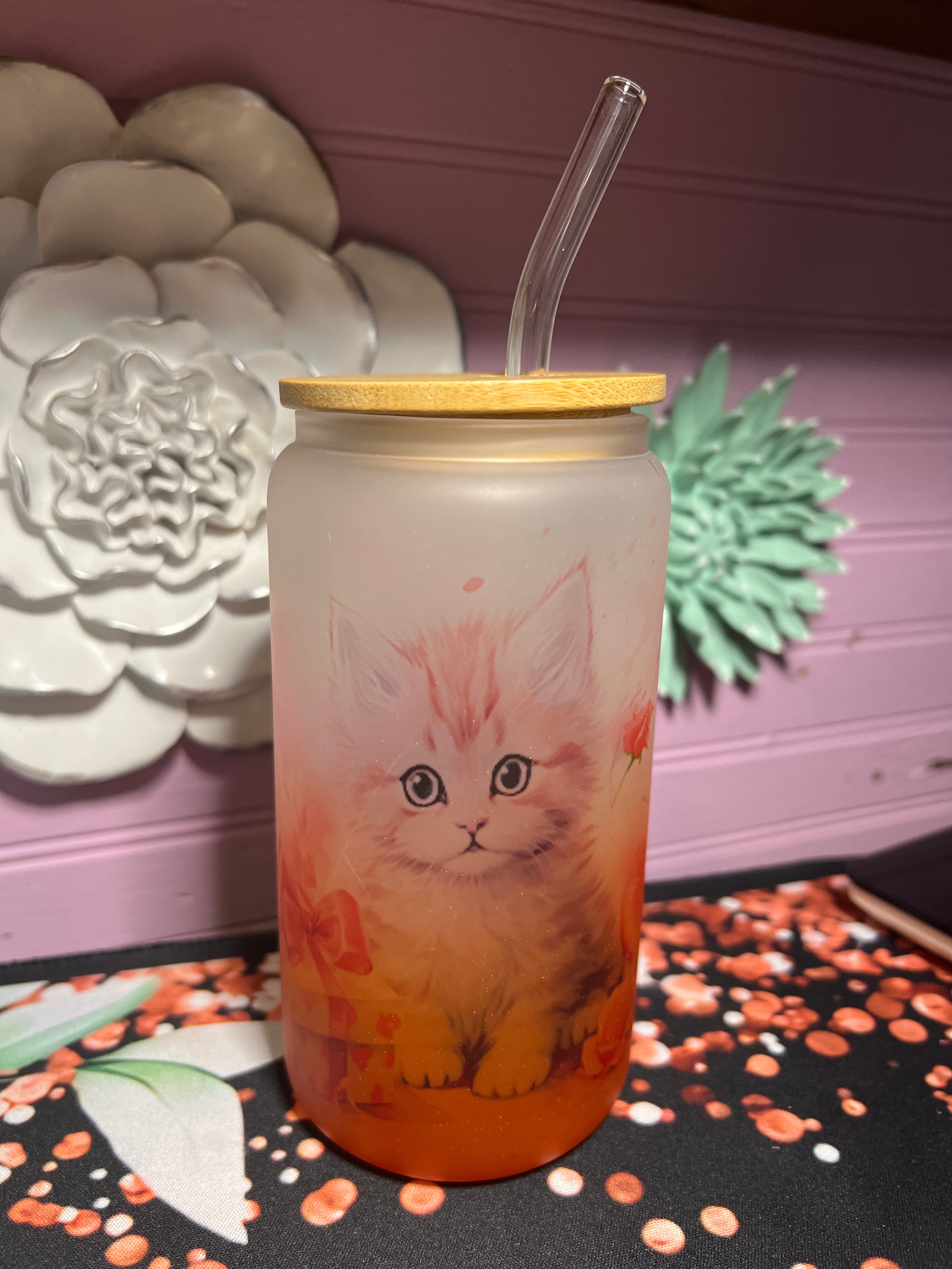 Cat Frosted glass cup 16 oz