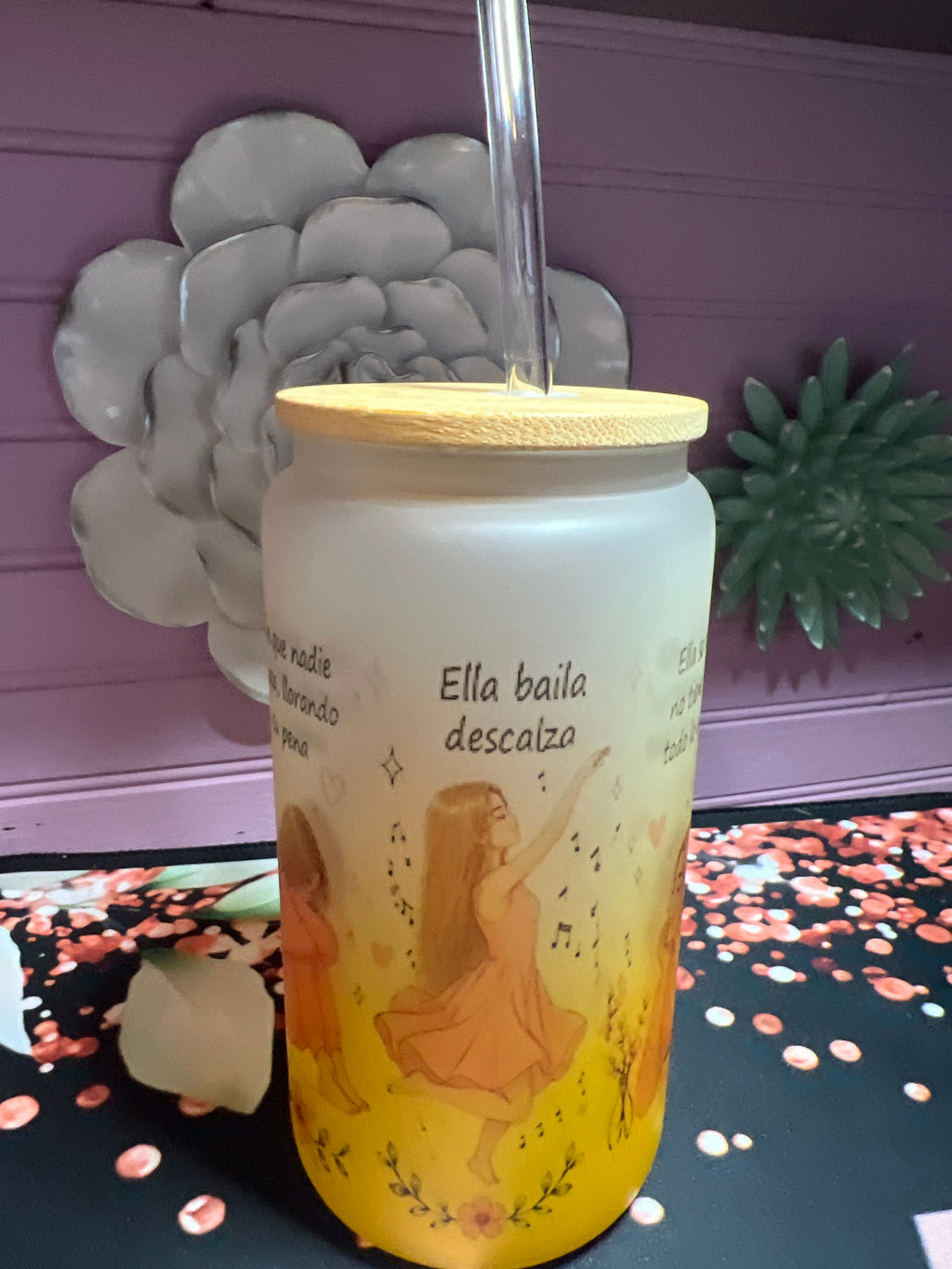 Yellow frosted glass cup 16 oz.