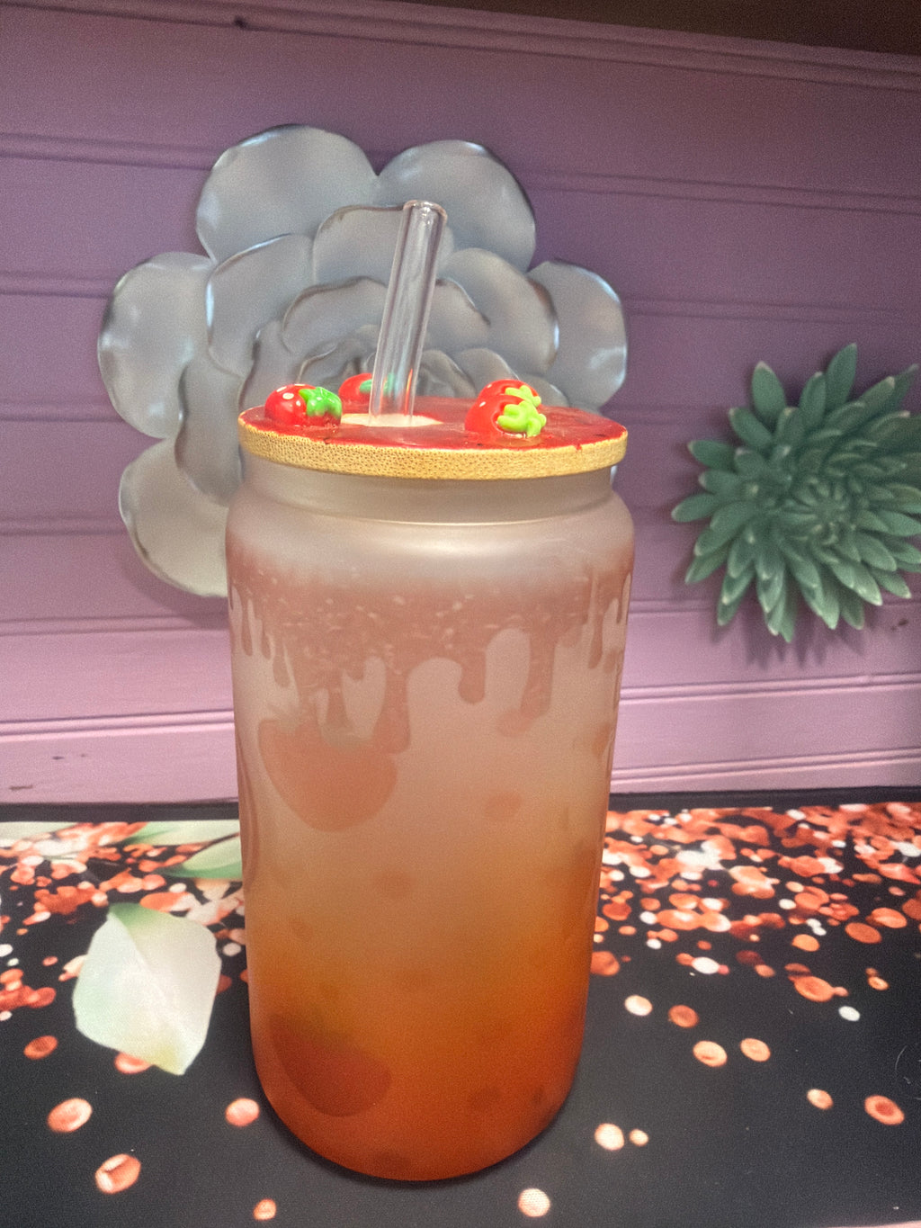 Strawberry Coffee Frosted glass cup 16 oz
