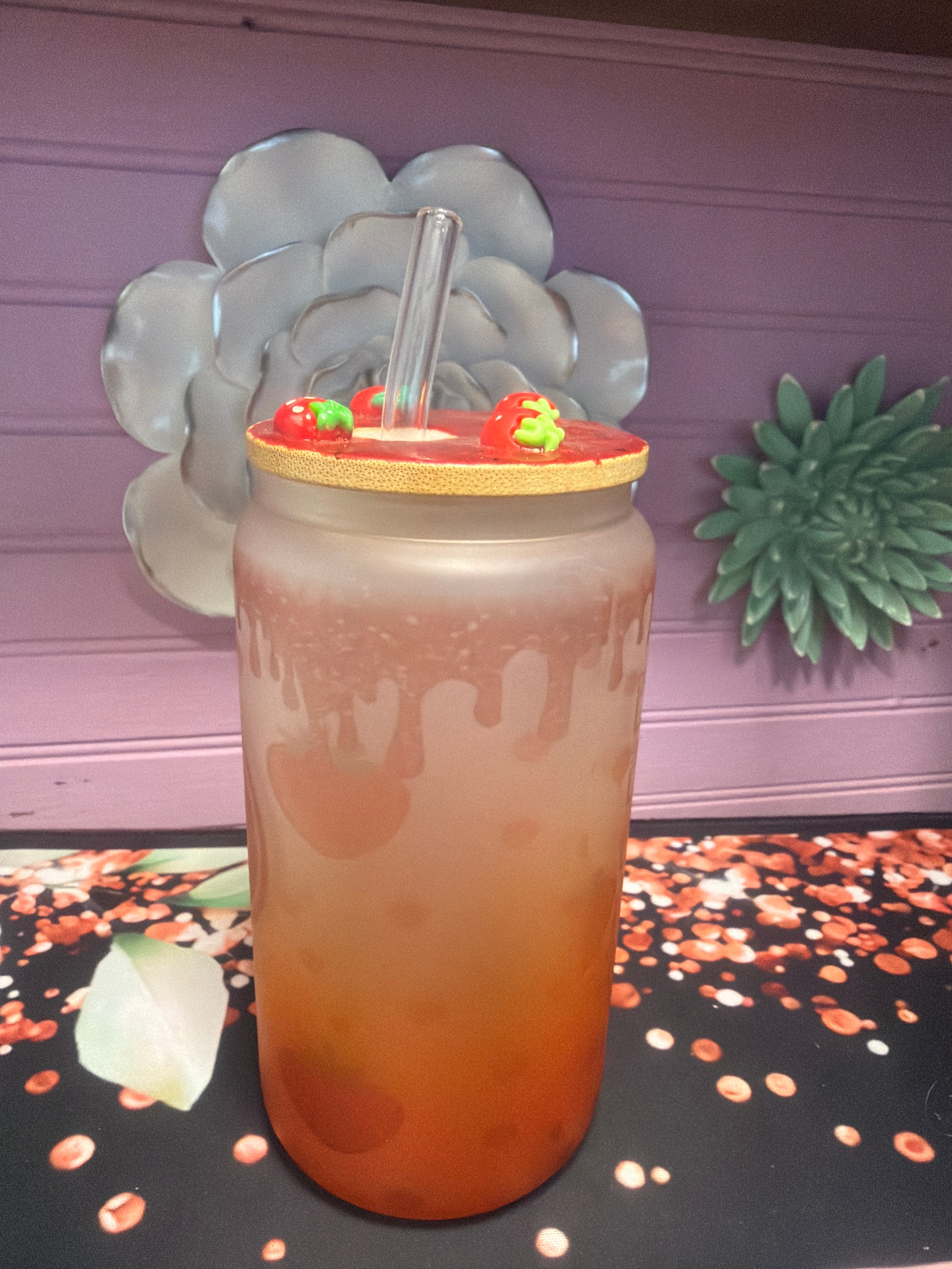 Strawberry Coffee Frosted glass cup 16 oz