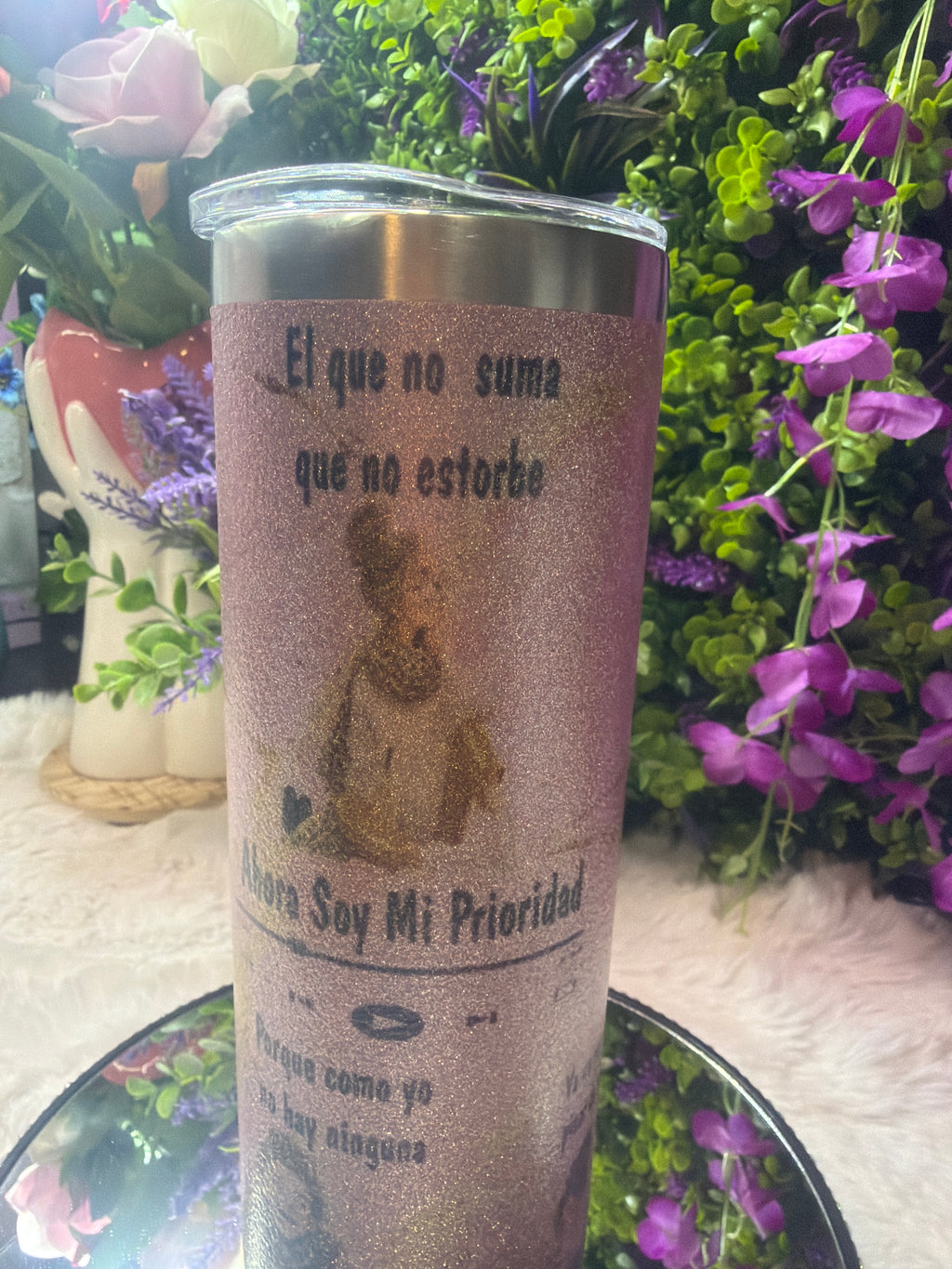 Ahora soy mi prioridad tumbler rosa con destellos de glitter
