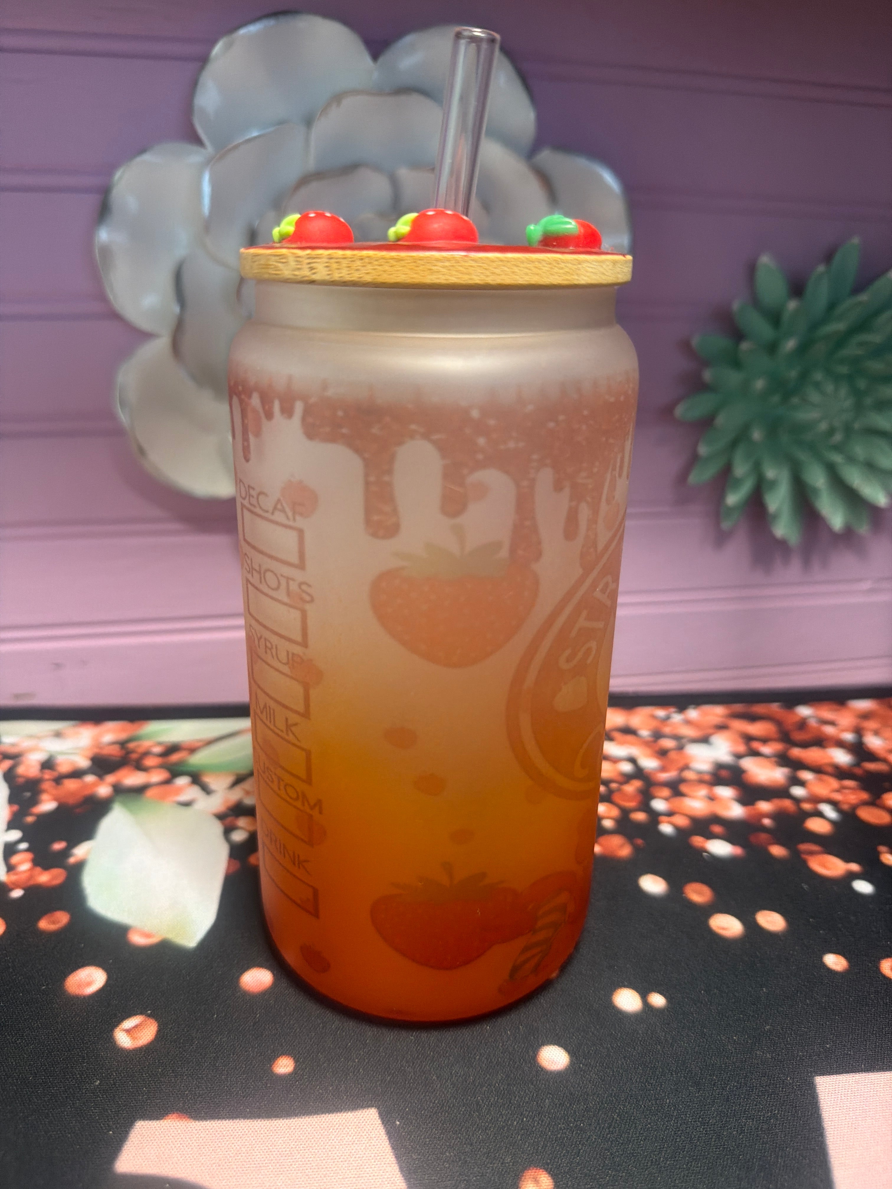 Strawberry Coffee Frosted glass cup 16 oz