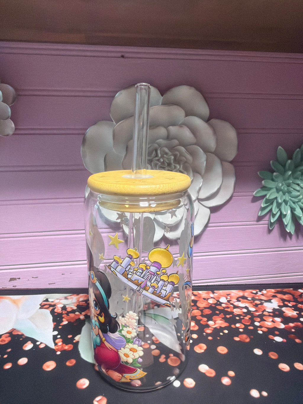 Jasmine glass cup 16 oz stickers UV-DTF
