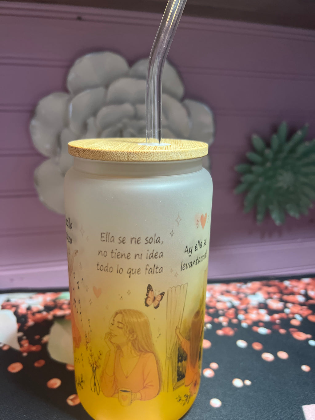 Yellow frosted glass cup 16 oz.