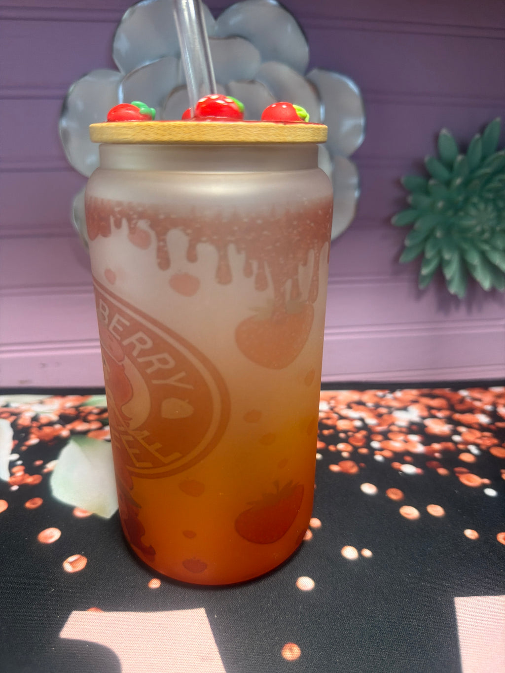 Strawberry Coffee Frosted glass cup 16 oz