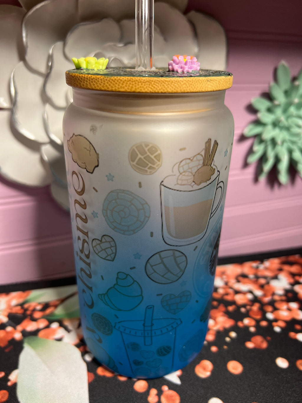 Frosted Glass cup 16 oz Cafecito y chisme