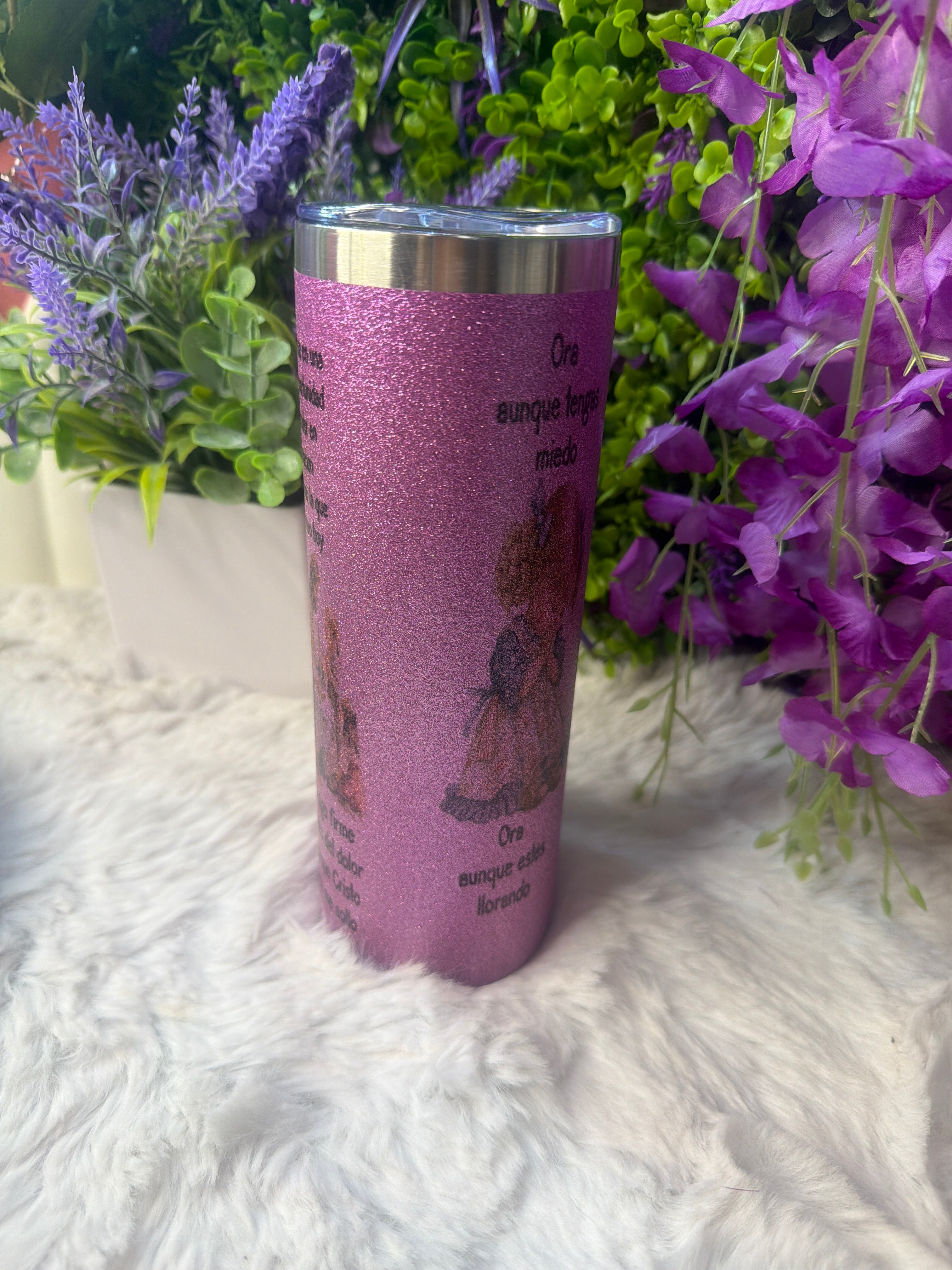 Hay poder en la oración tumbler morado con destellos de glitter 20 oz
