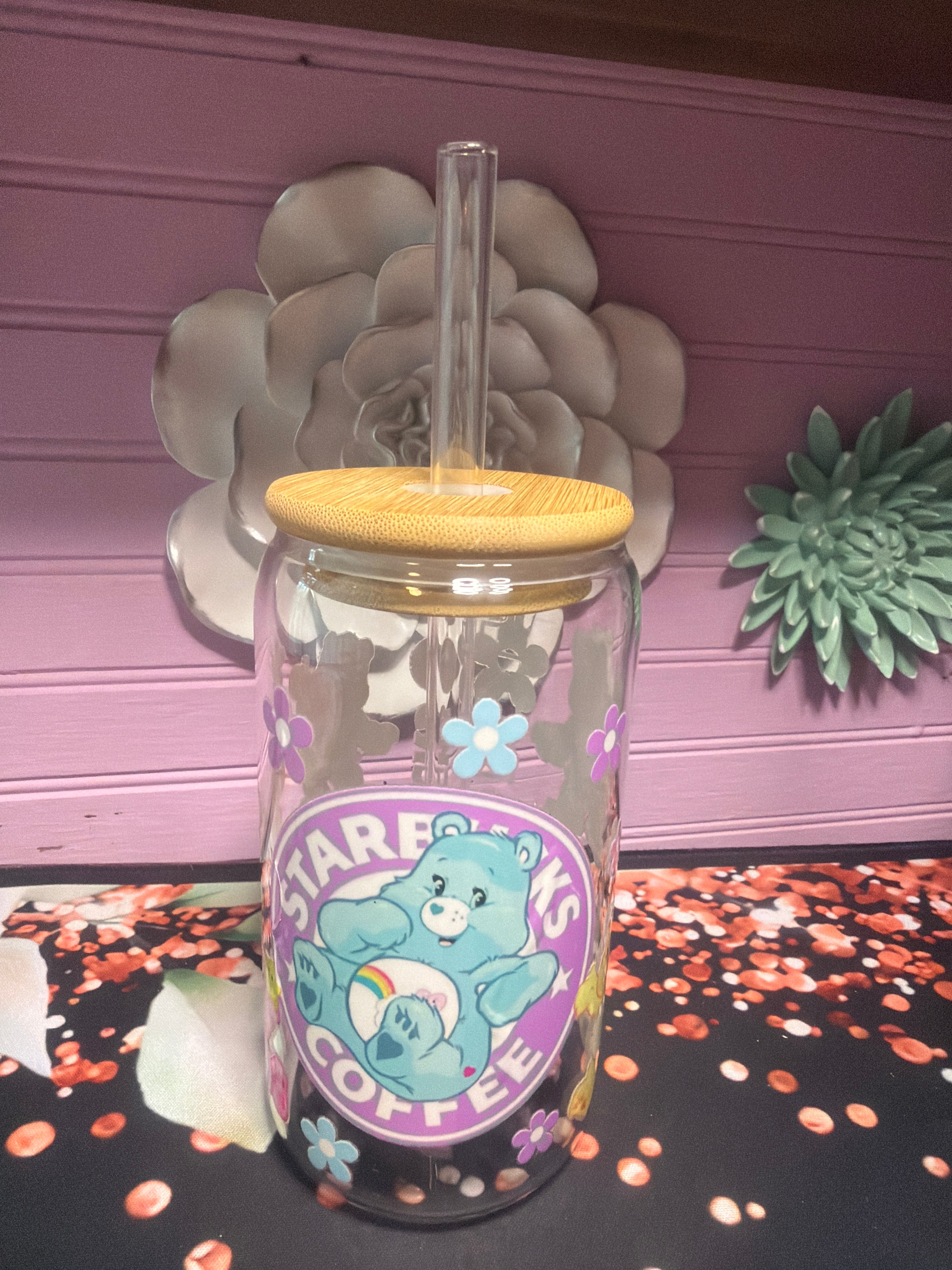 Bear glass cup 16 oz stickers UV-DTF