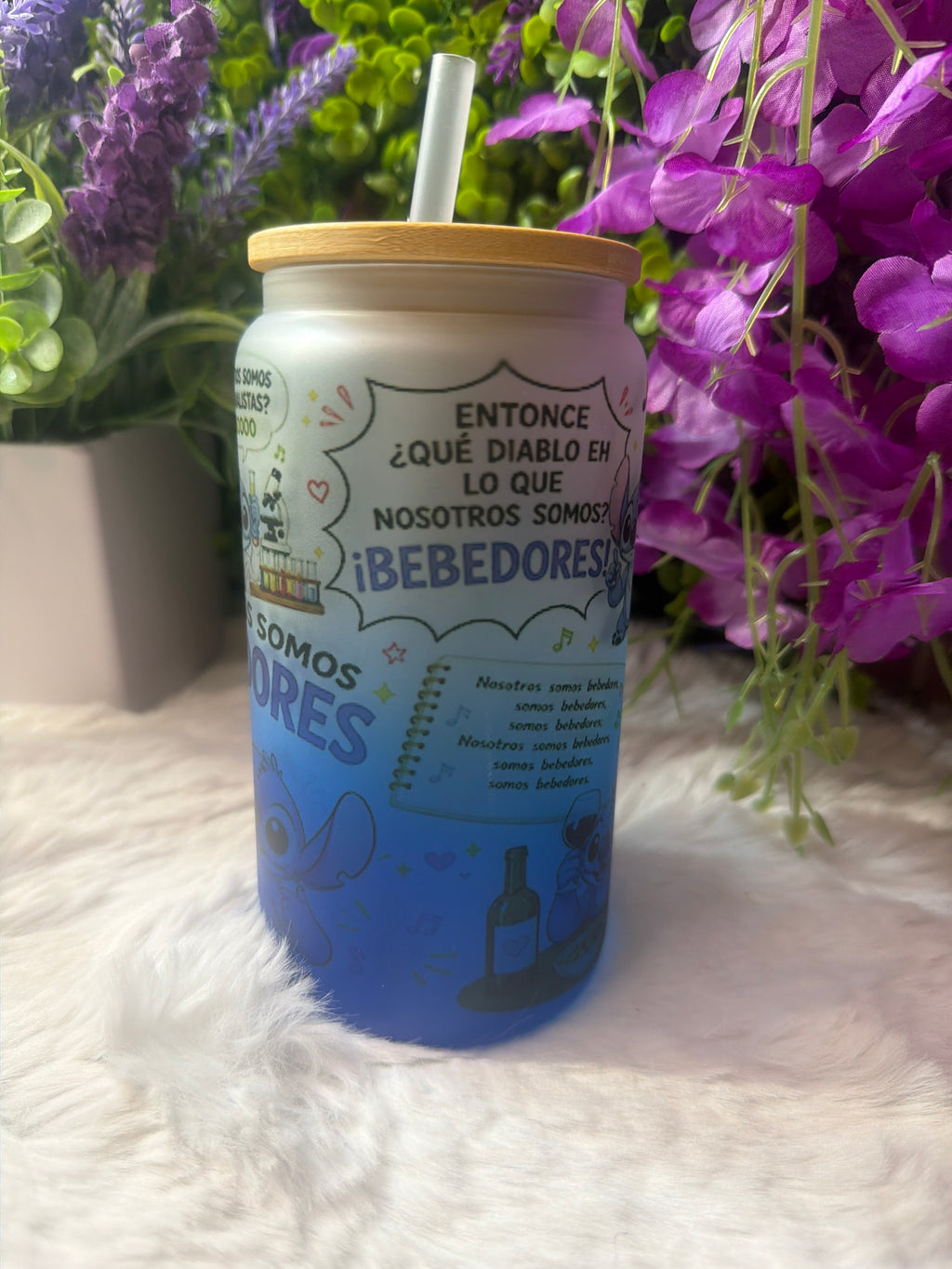 Nosotros somos stitch blue frosted glass cup 16 oz