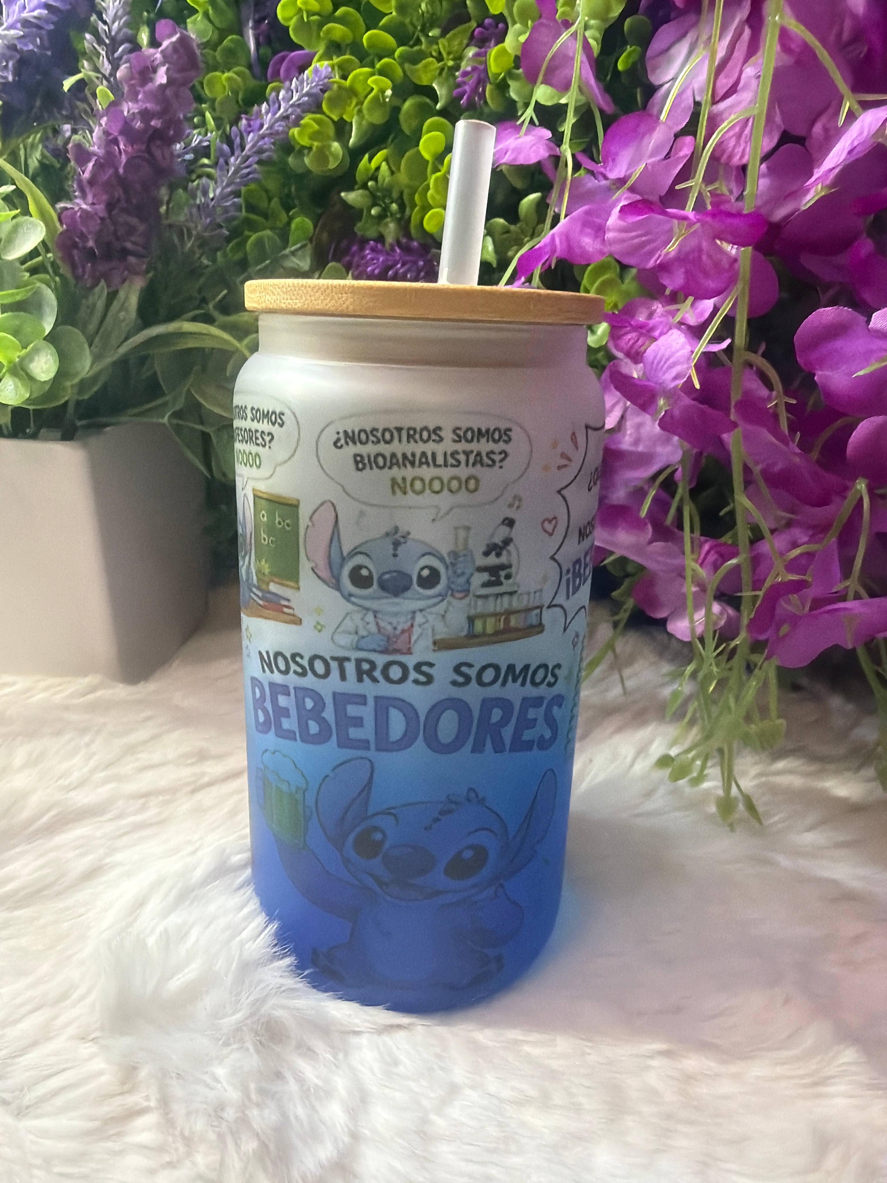 Nosotros somos stitch blue frosted glass cup 16 oz