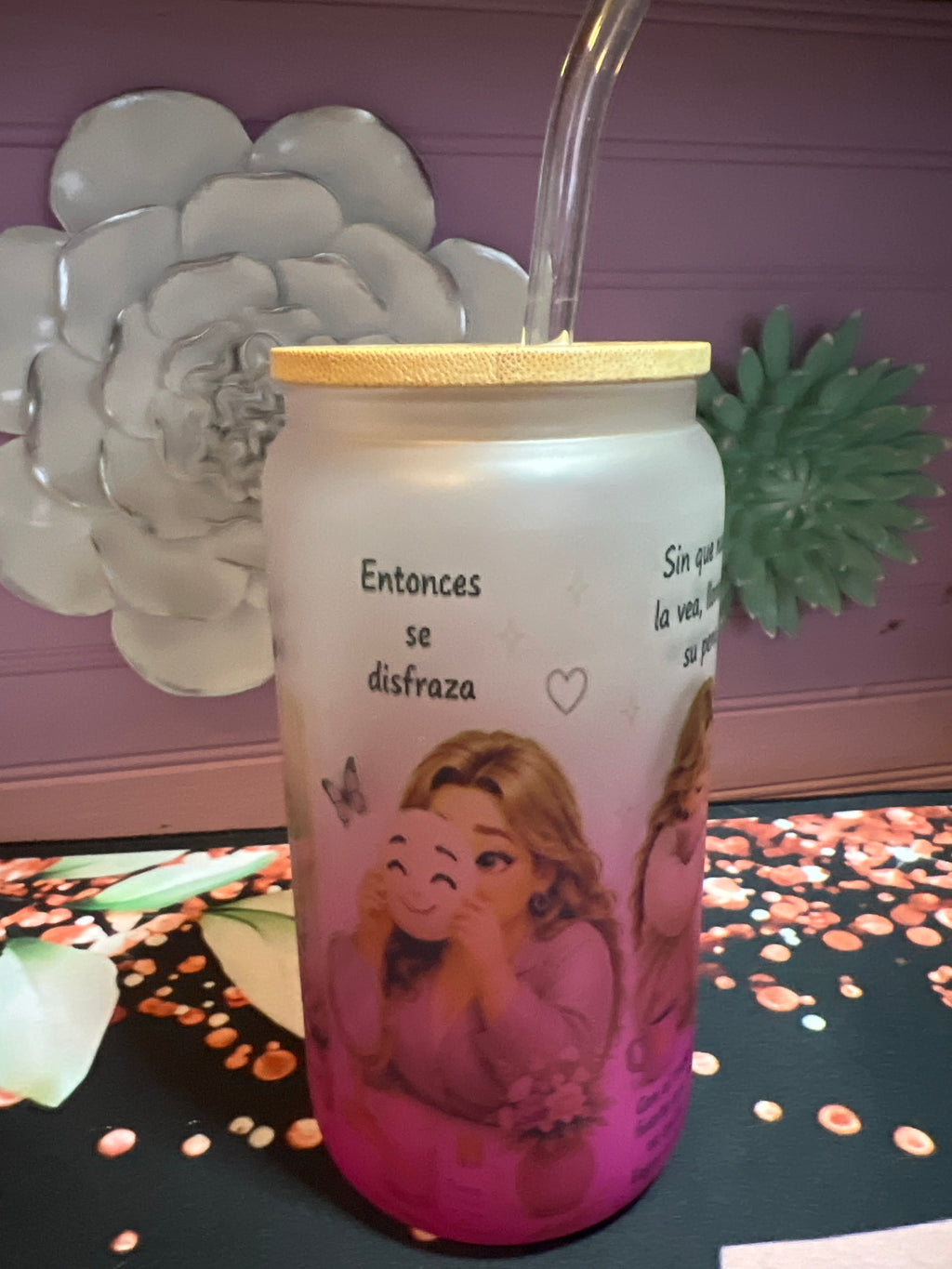 Pink frosted glass cup 16 oz.
