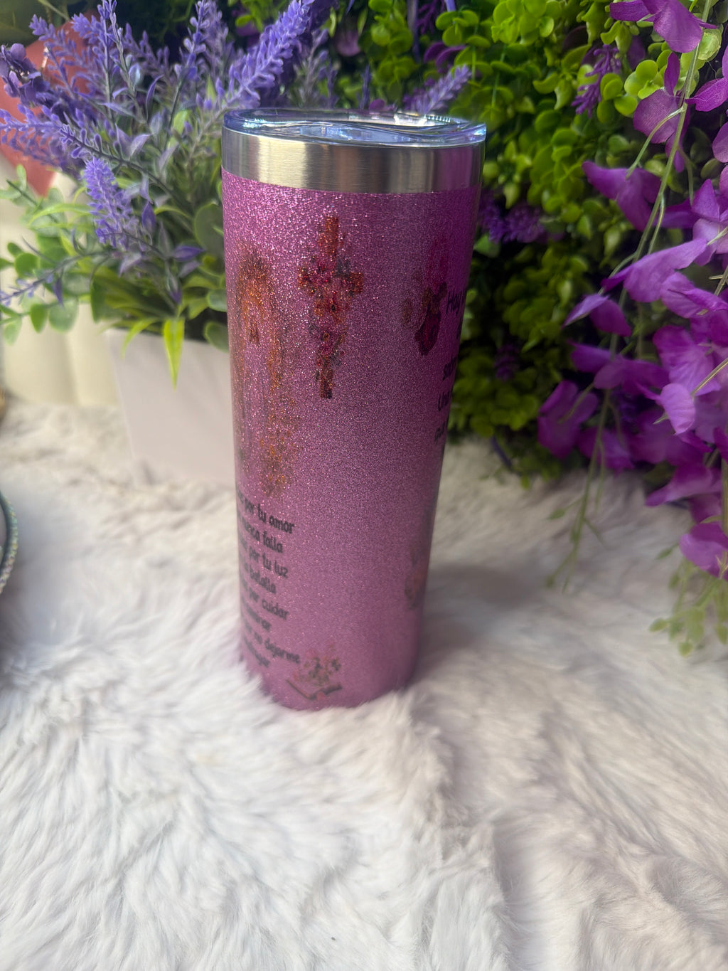 La huella de Dios en mi vida tumbler morado con destellos de glitter 20 oz