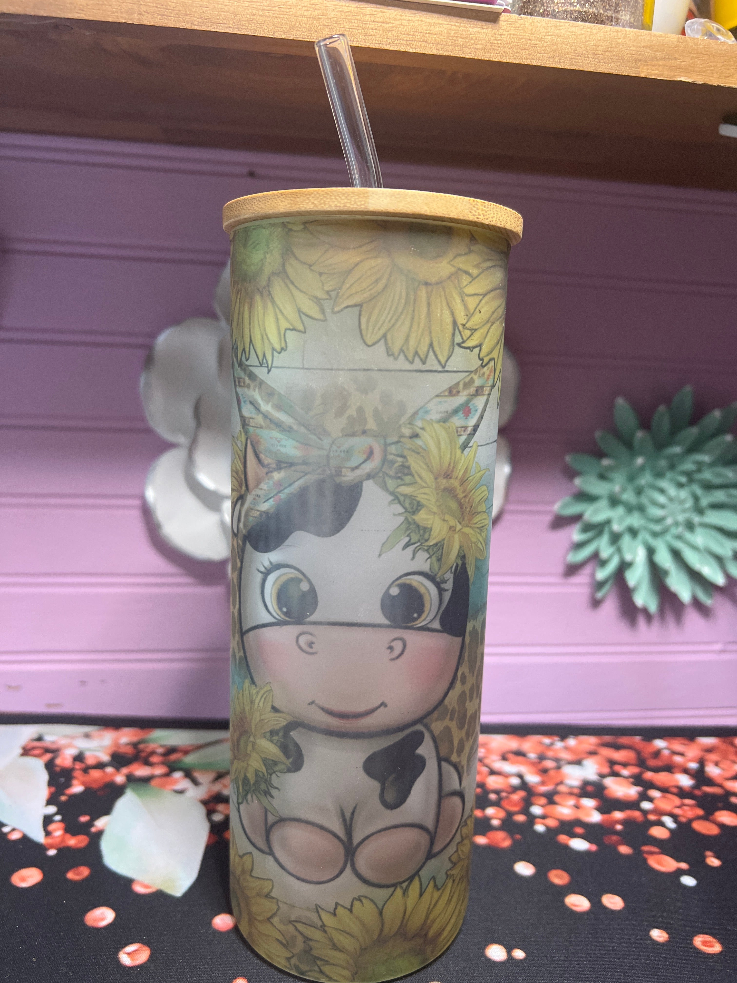 Vaquita girasoles frosted glass cup 20 oz
