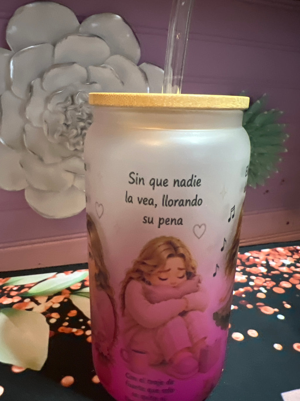 Pink frosted glass cup 16 oz.