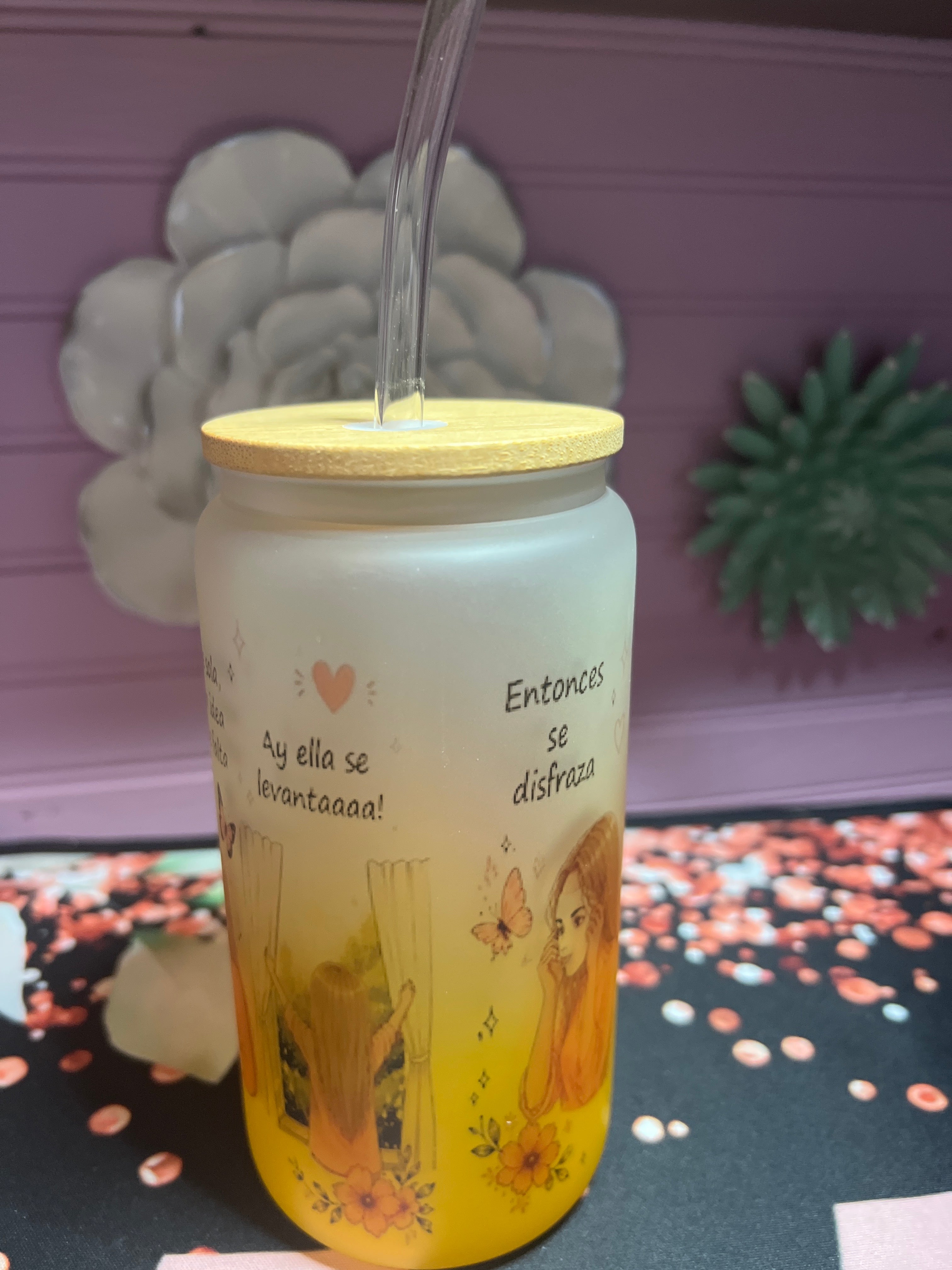 Yellow frosted glass cup 16 oz.