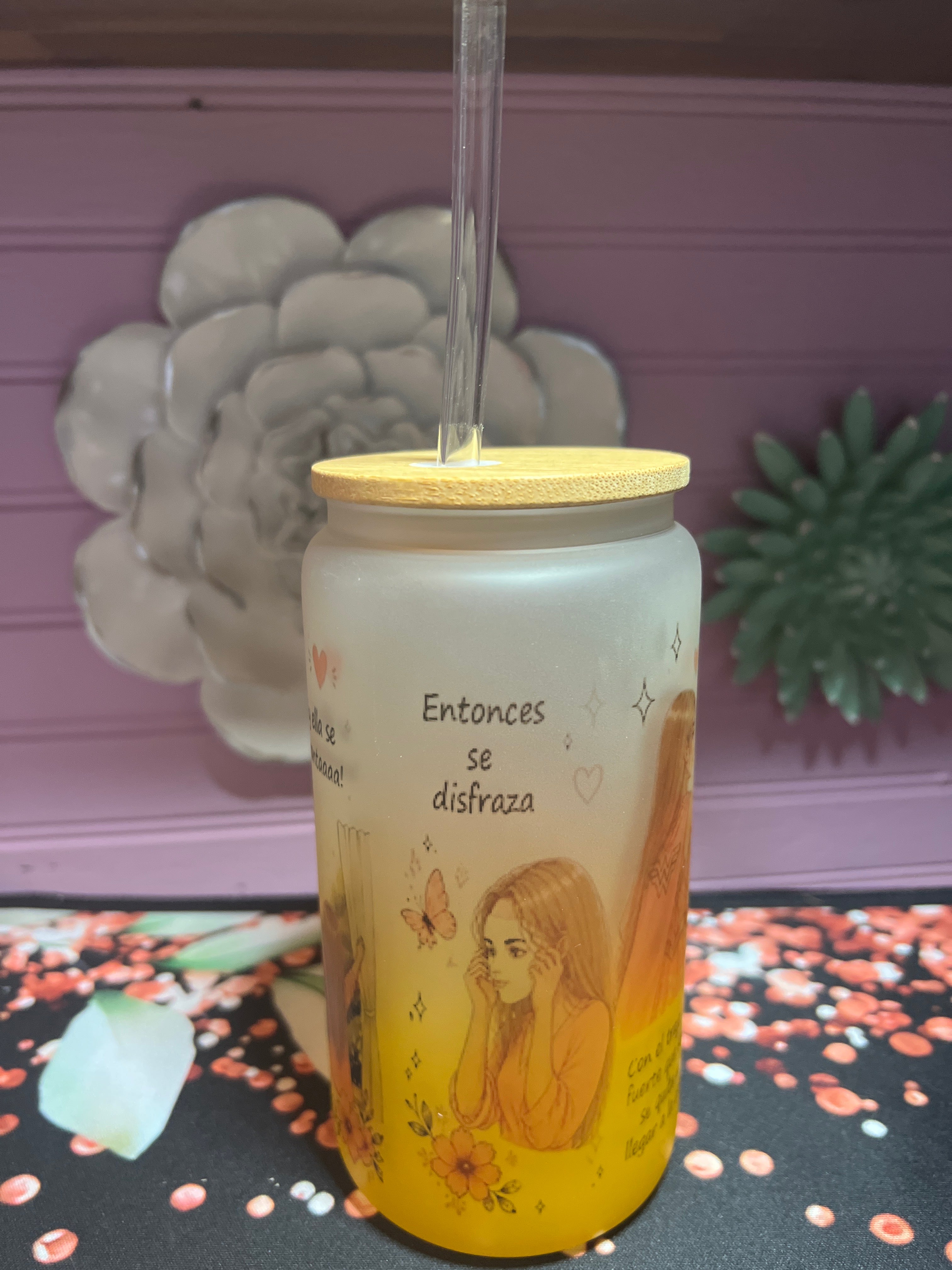 Yellow frosted glass cup 16 oz.