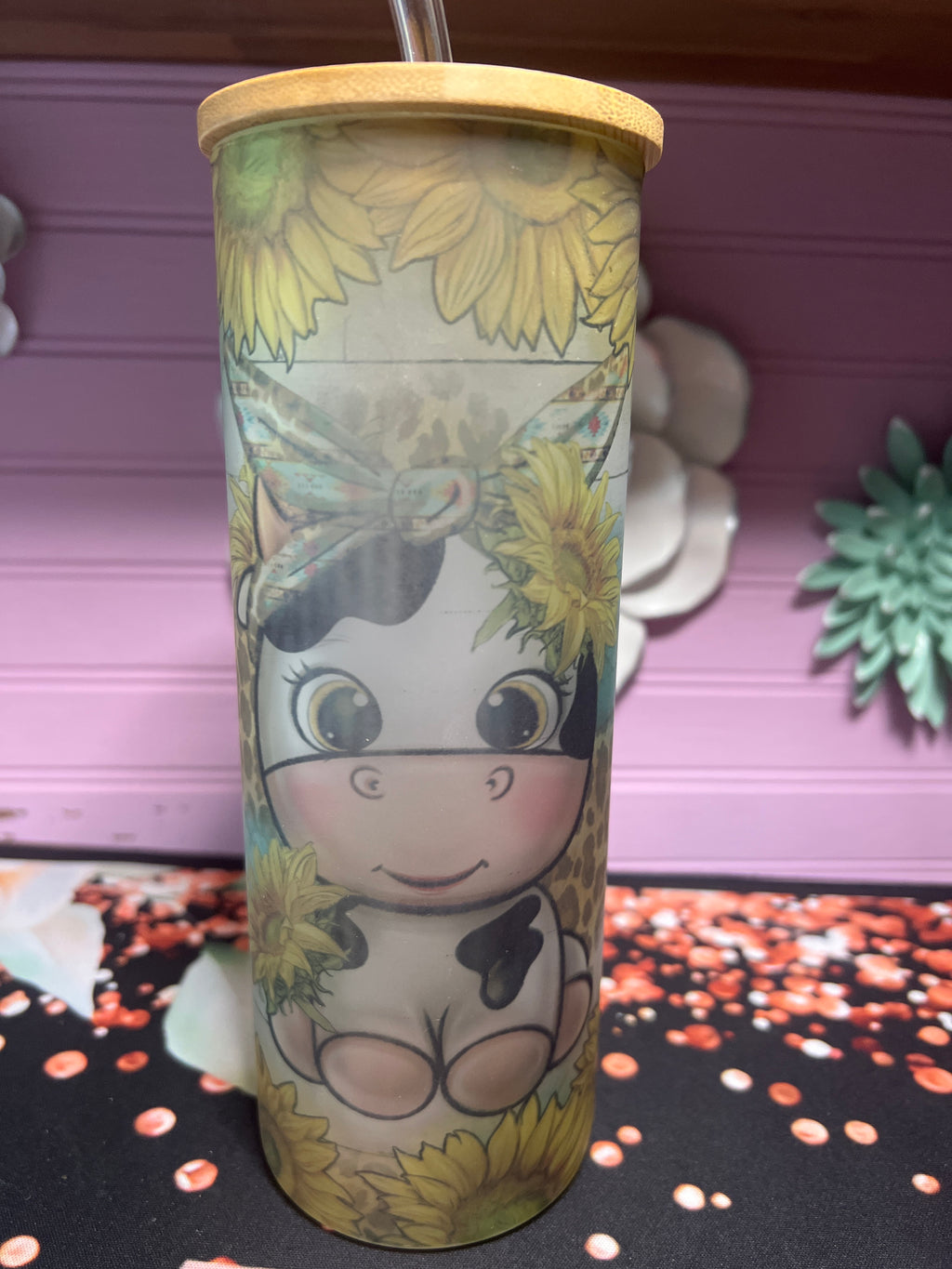Vaquita girasoles frosted glass cup 20 oz