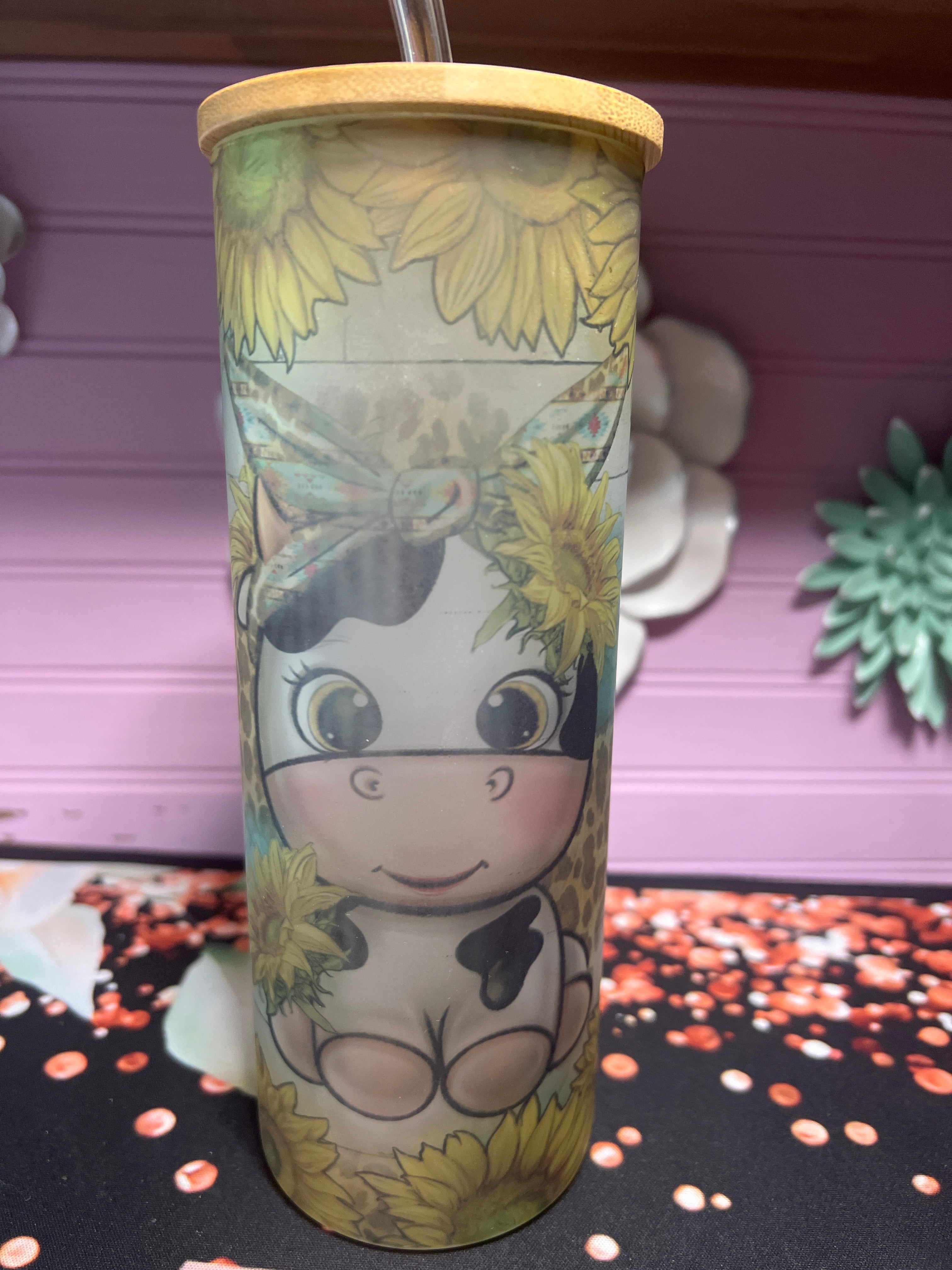 Vaquita girasoles frosted glass cup 20 oz