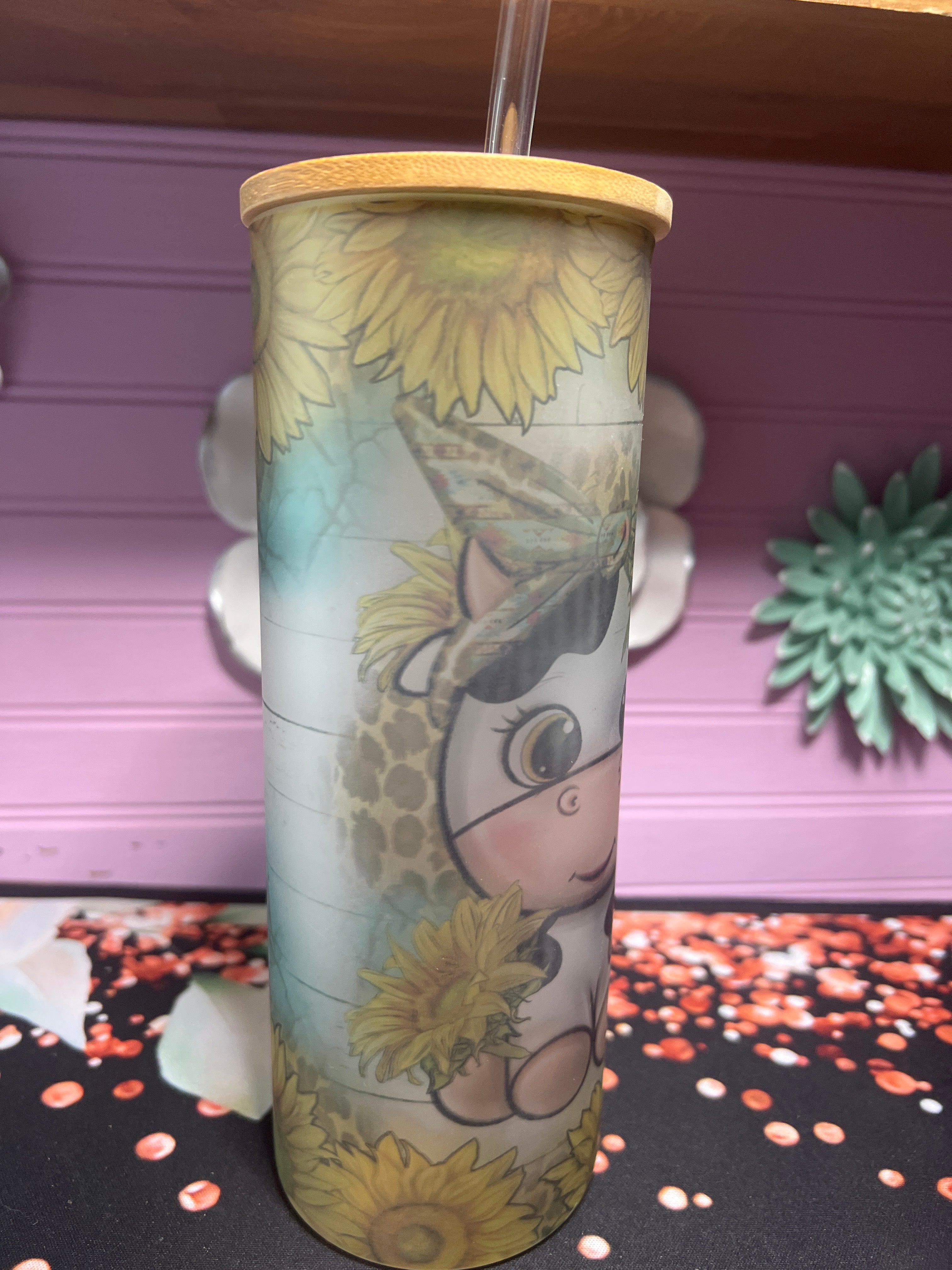 Vaquita girasoles frosted glass cup 20 oz
