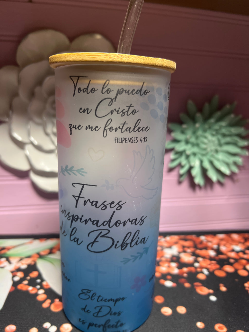 Frases inspiradoras de la Biblia frosted glass cup 18 oz