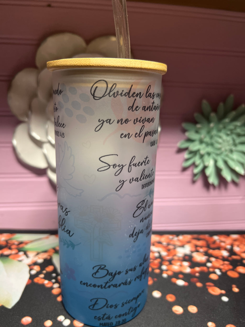 Frases inspiradoras de la Biblia frosted glass cup 18 oz