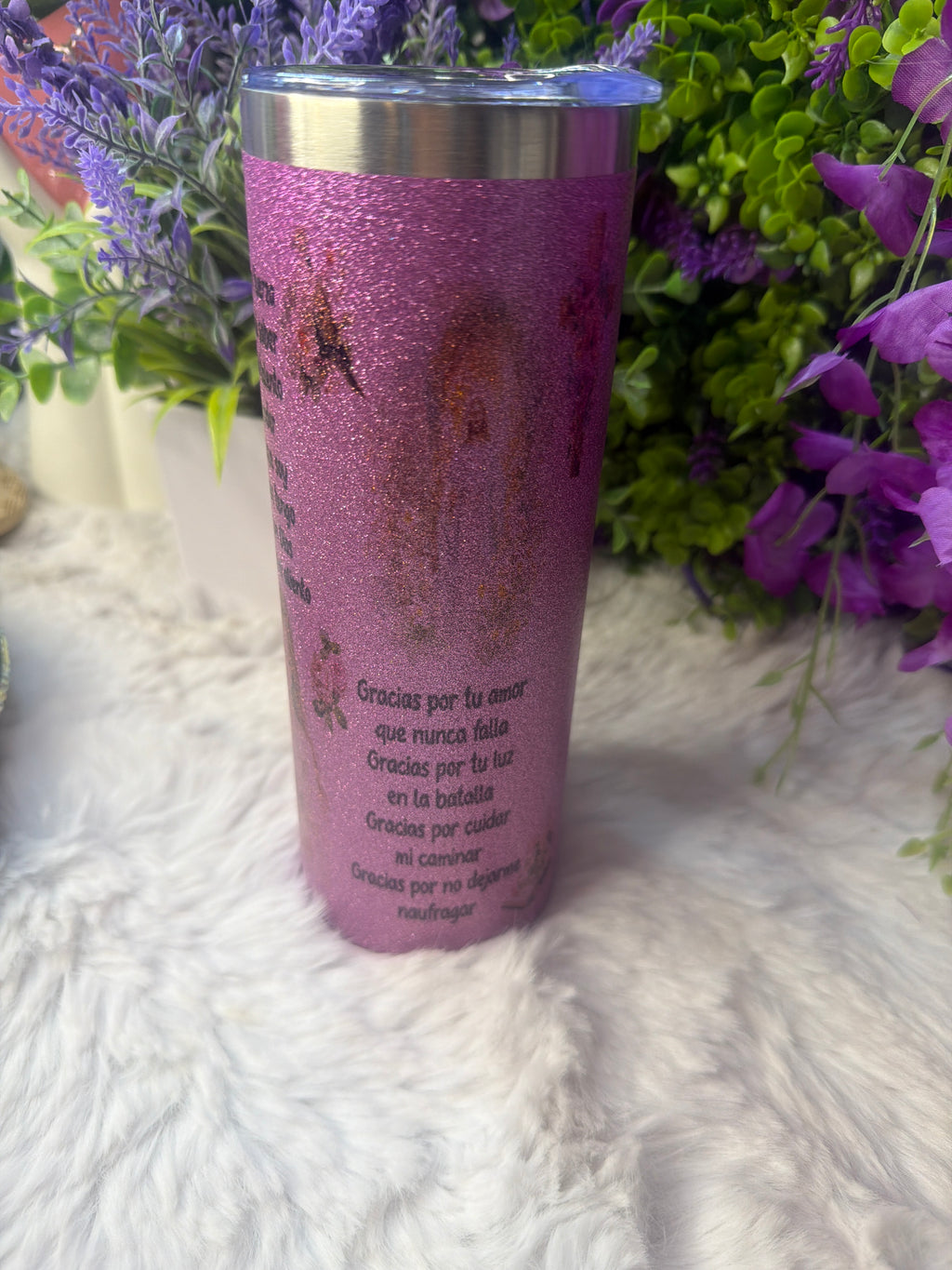 La huella de Dios en mi vida tumbler morado con destellos de glitter 20 oz