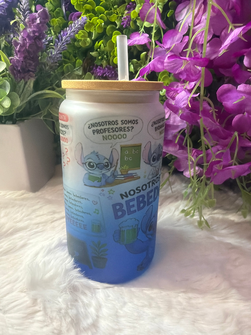 Nosotros somos stitch blue frosted glass cup 16 oz