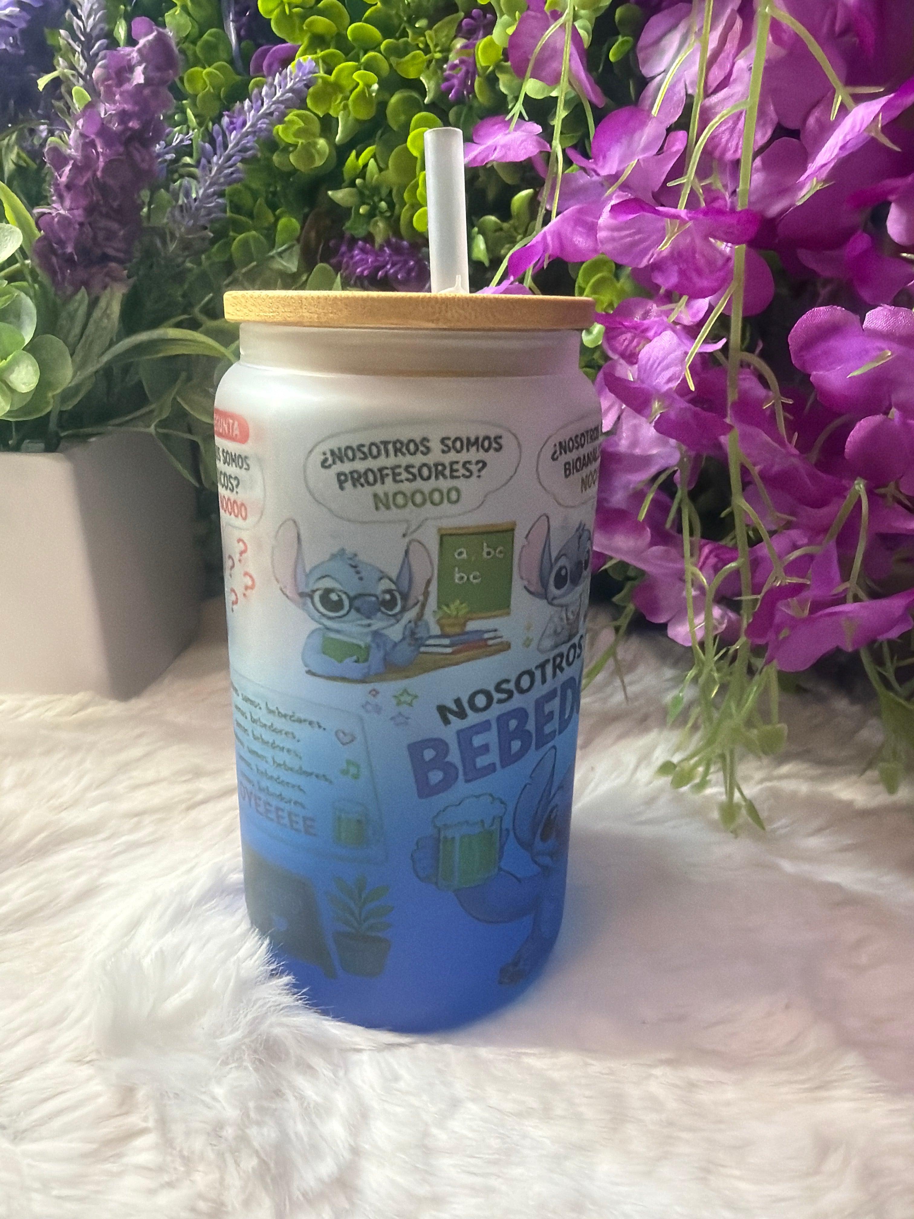 Nosotros somos stitch blue frosted glass cup 16 oz