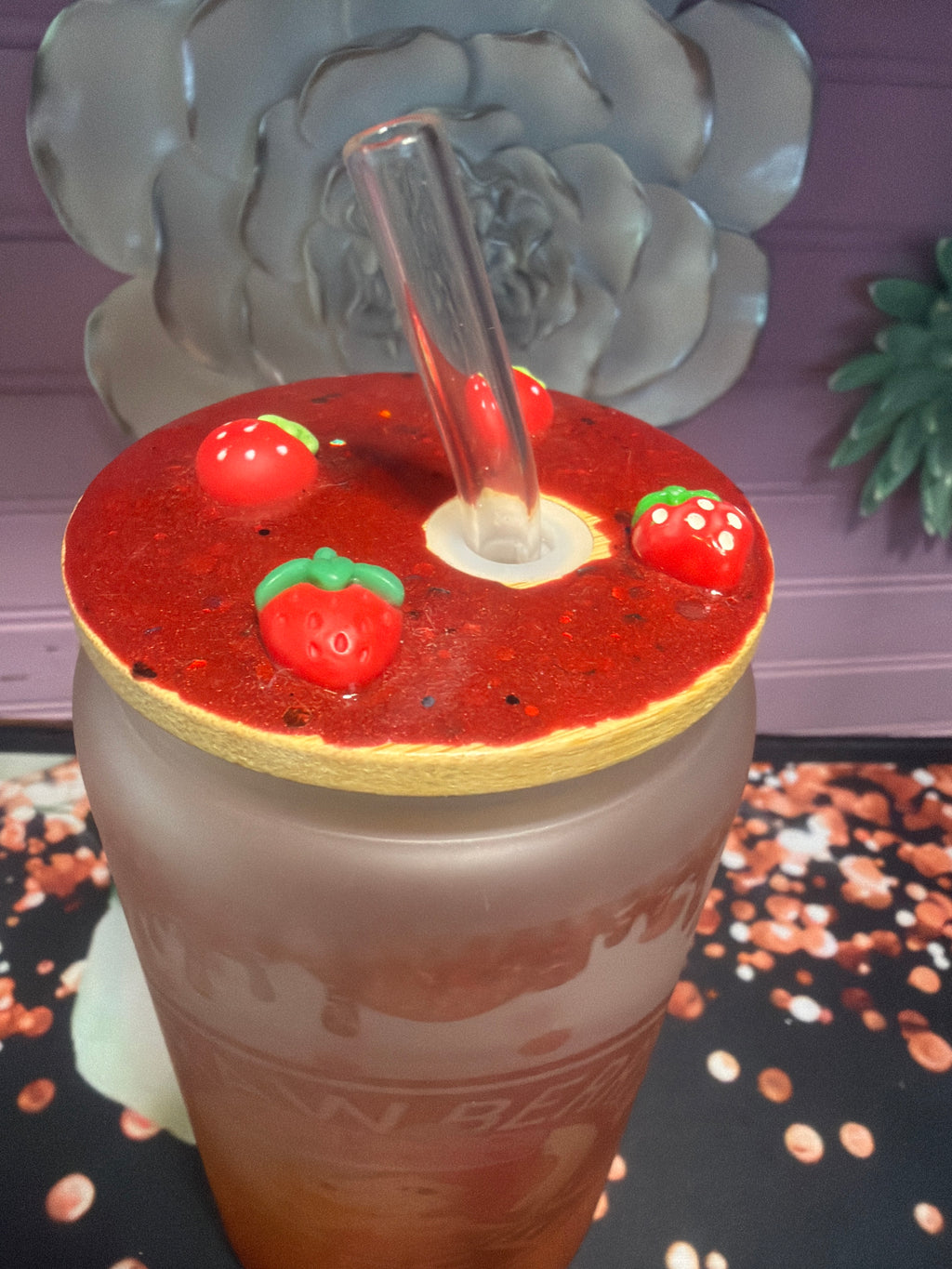 Strawberry Coffee Frosted glass cup 16 oz