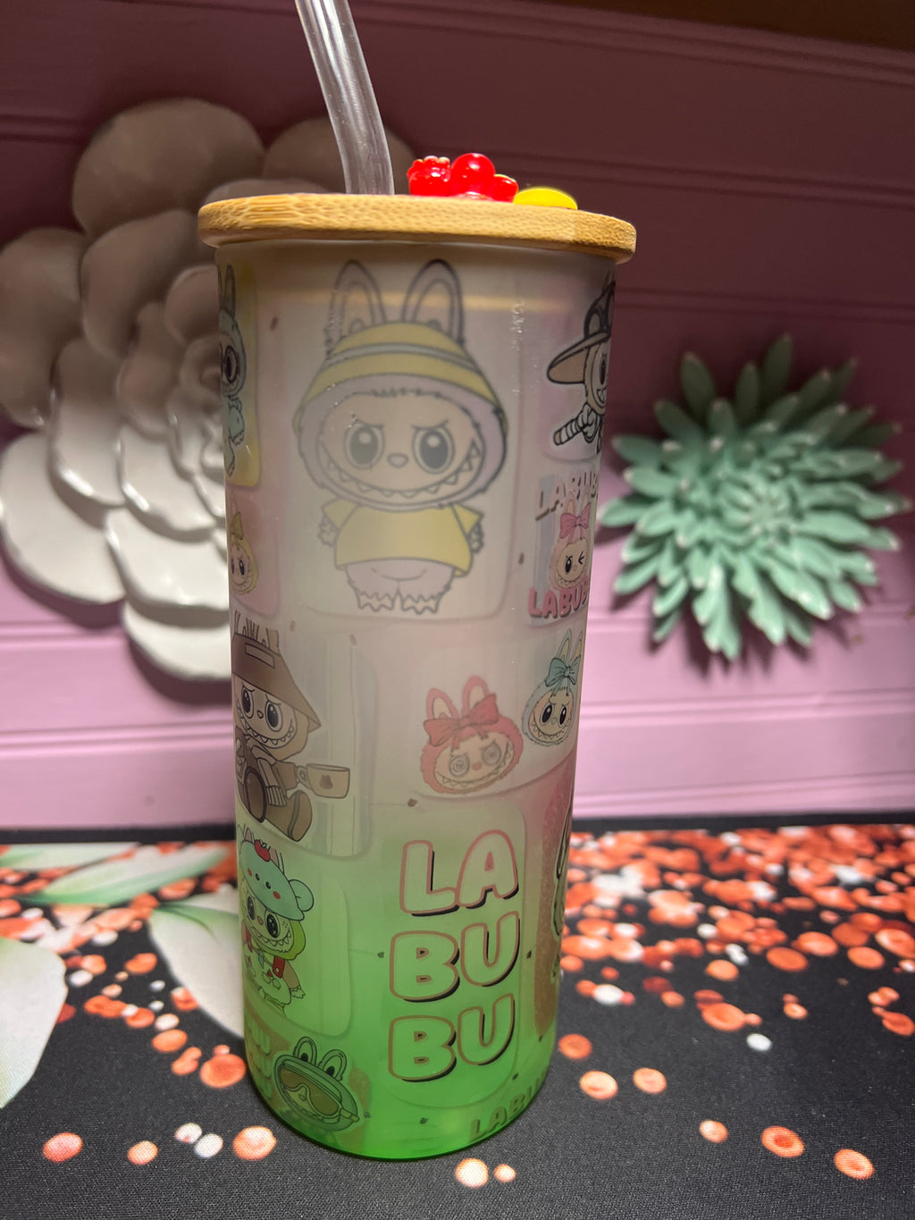 Labubu frosted glass cup 18 oz
