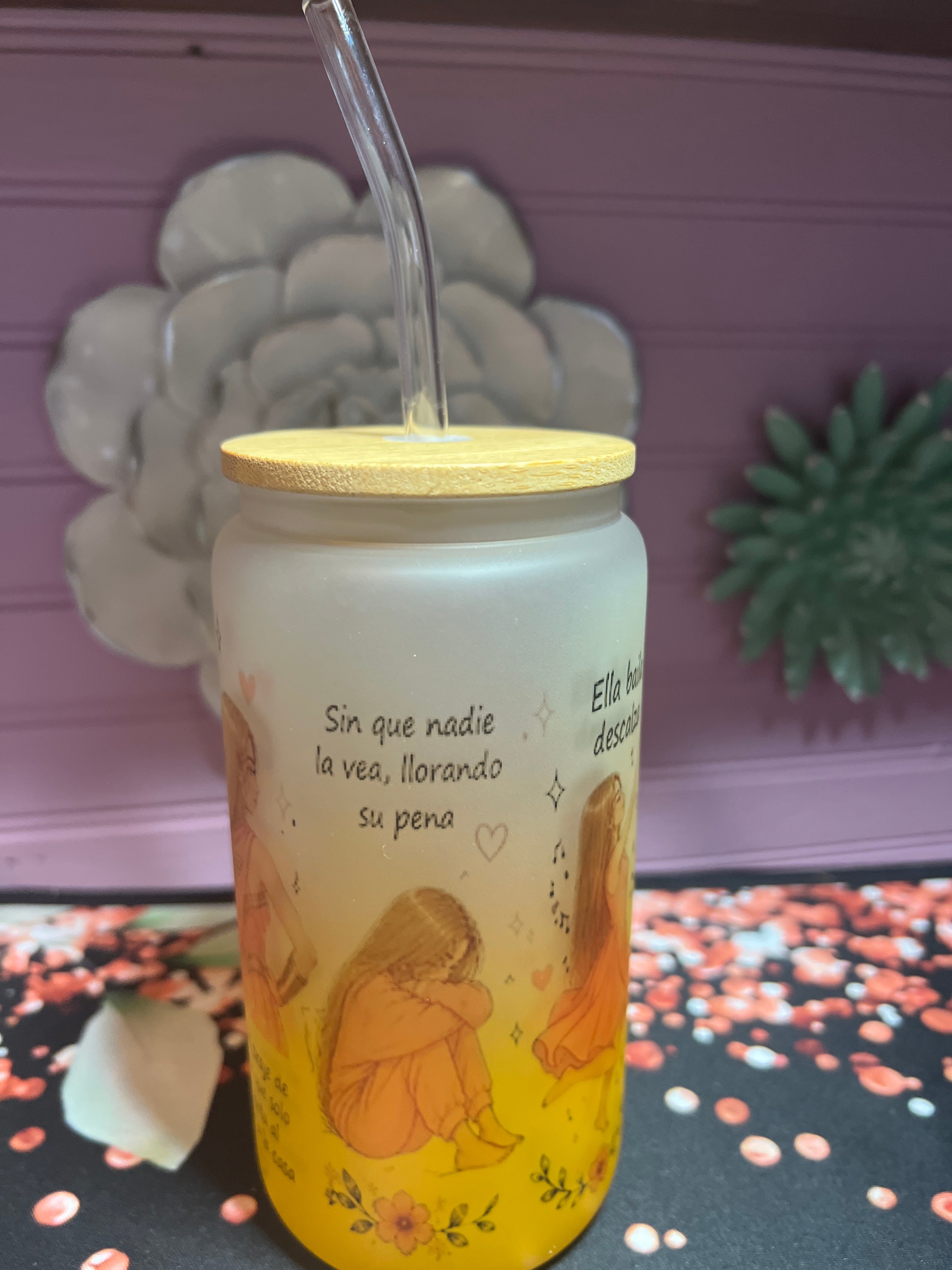 Yellow frosted glass cup 16 oz.