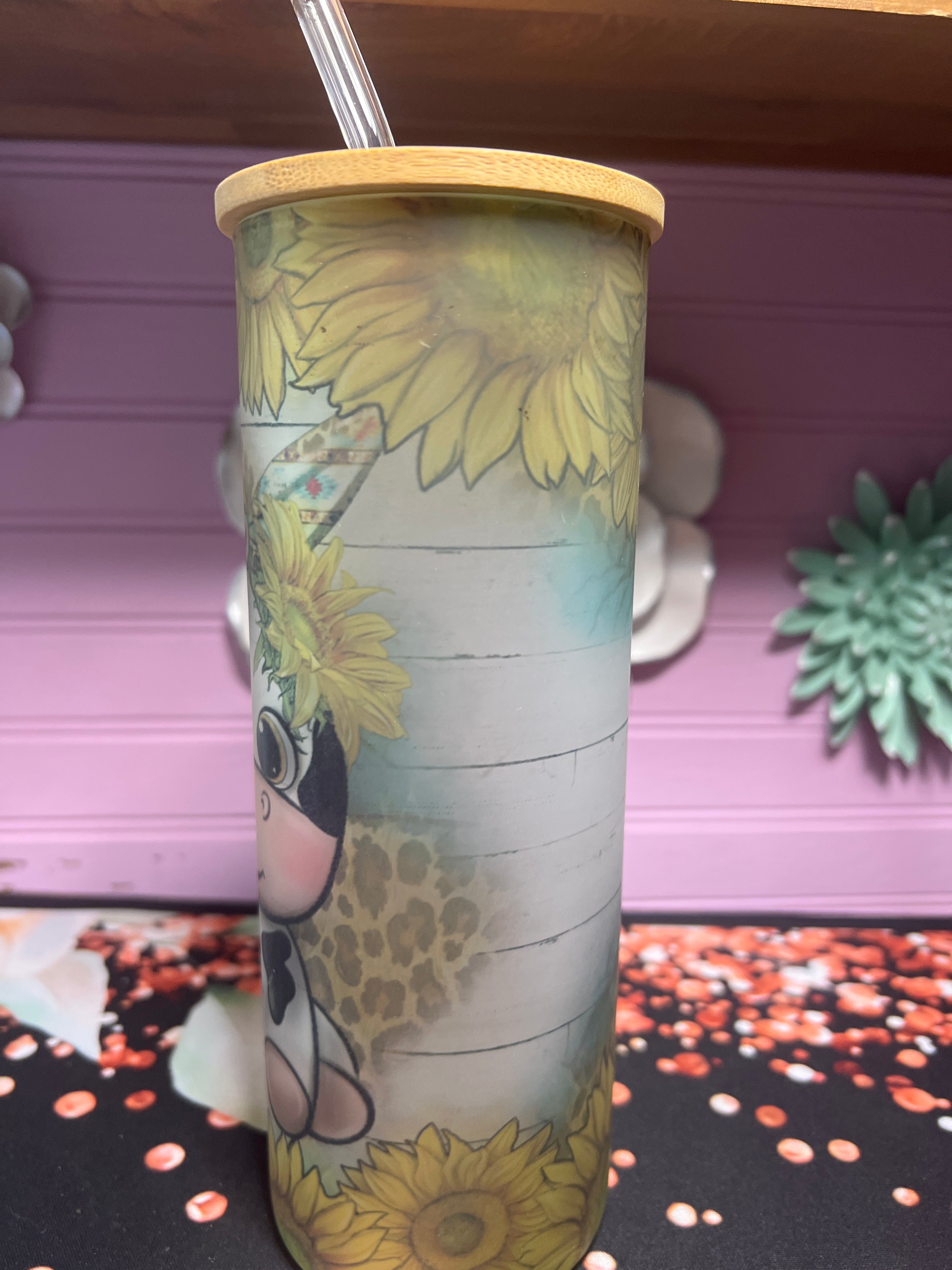 Vaquita girasoles frosted glass cup 20 oz