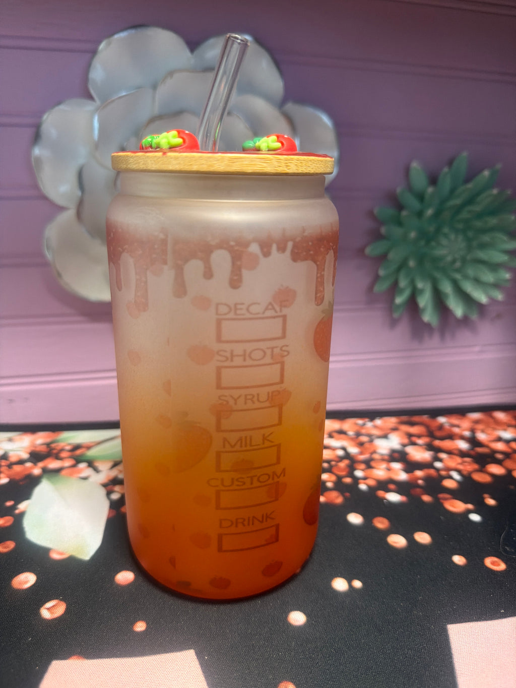 Strawberry Coffee Frosted glass cup 16 oz