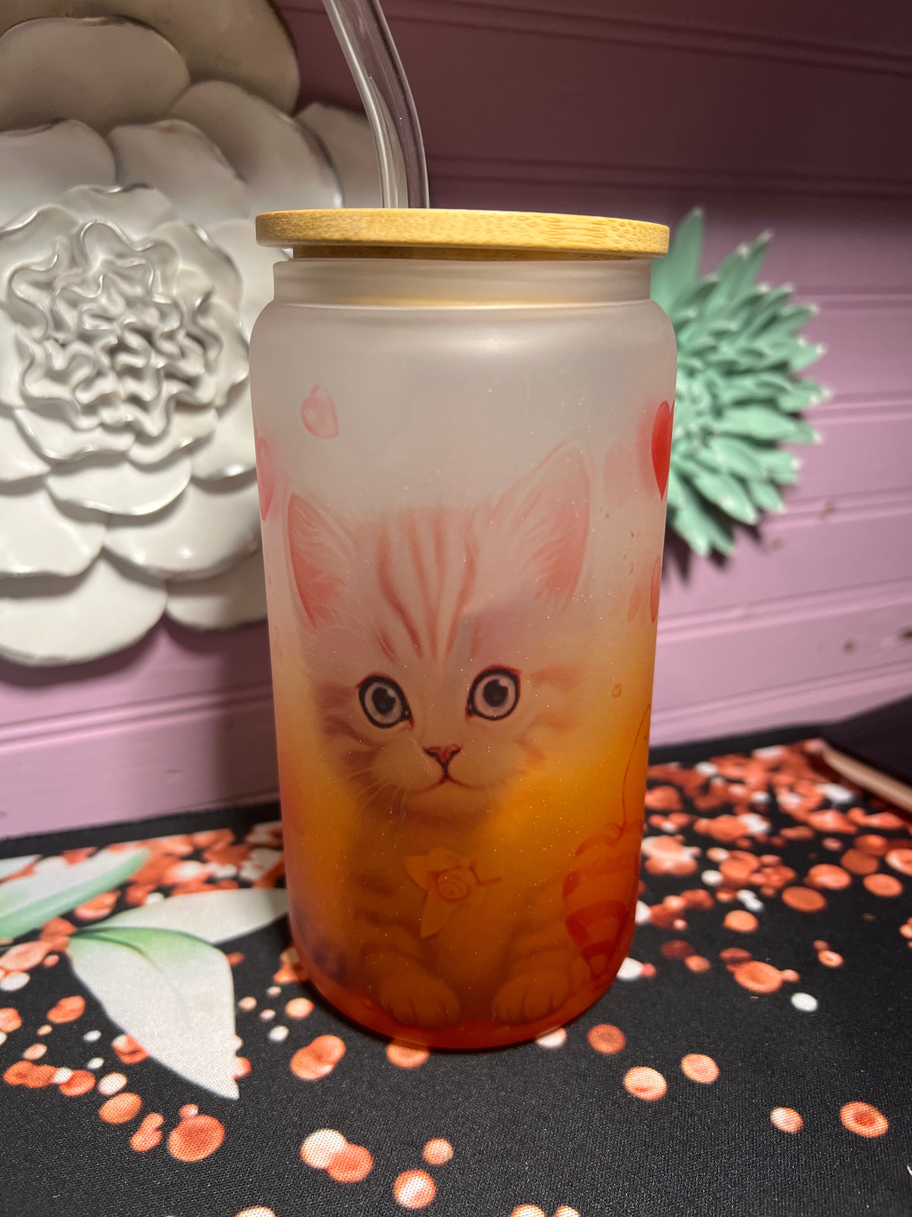 Cat Frosted glass cup 16 oz