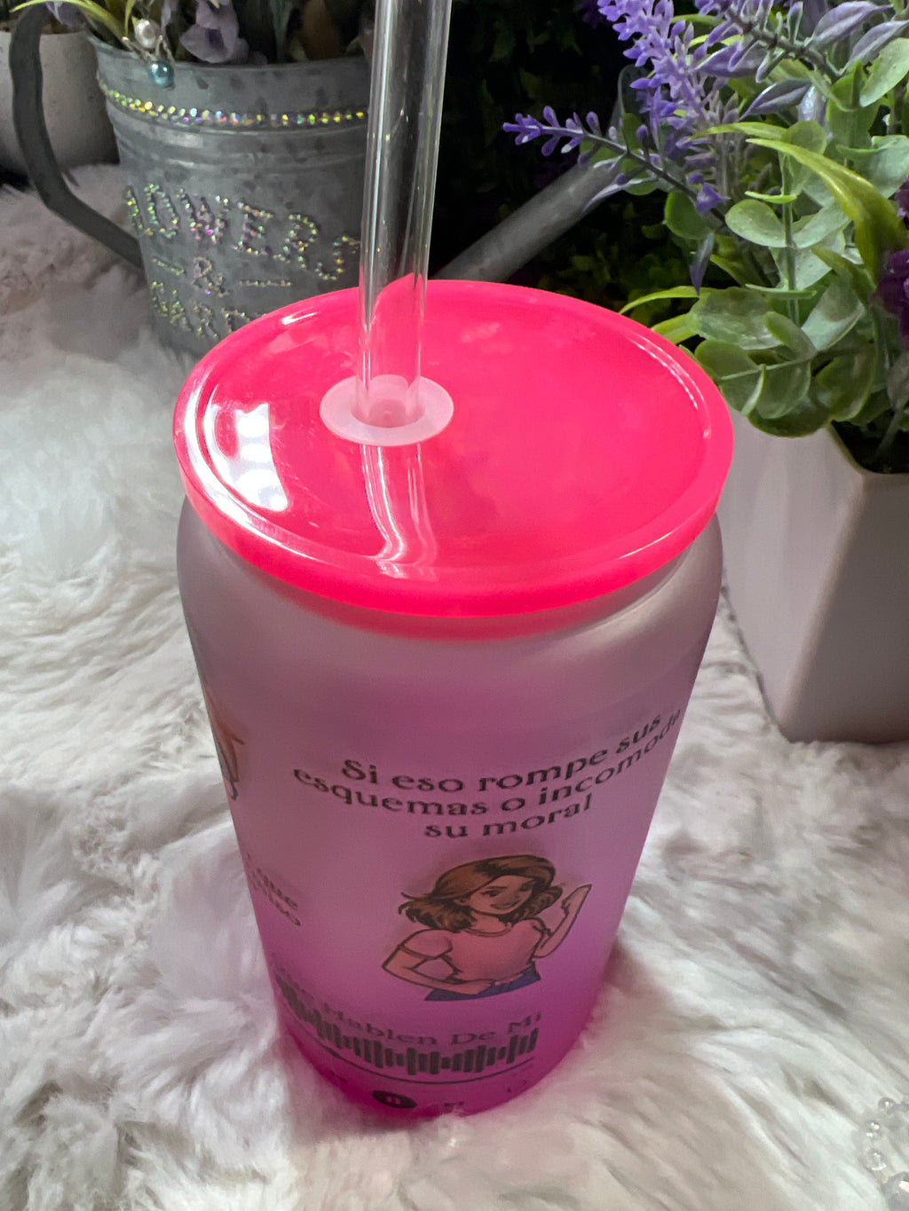 Que hablen de mí pink frosted glass cup 16 oz
