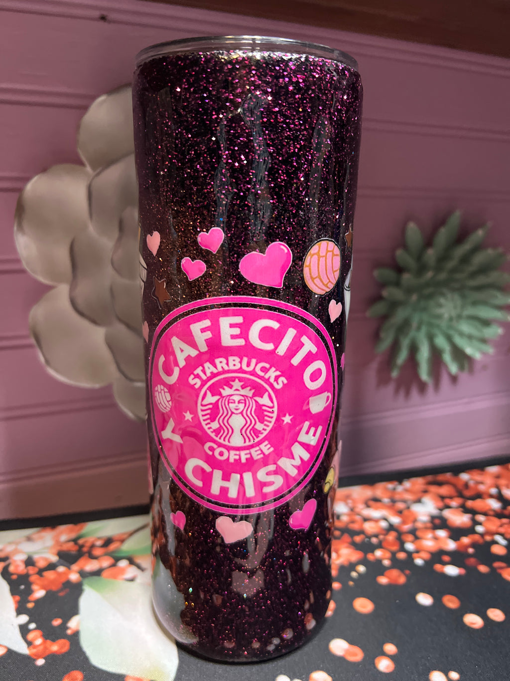 Cafecito y chisme stickers UV DTF resina glitter tumbler 20 oz