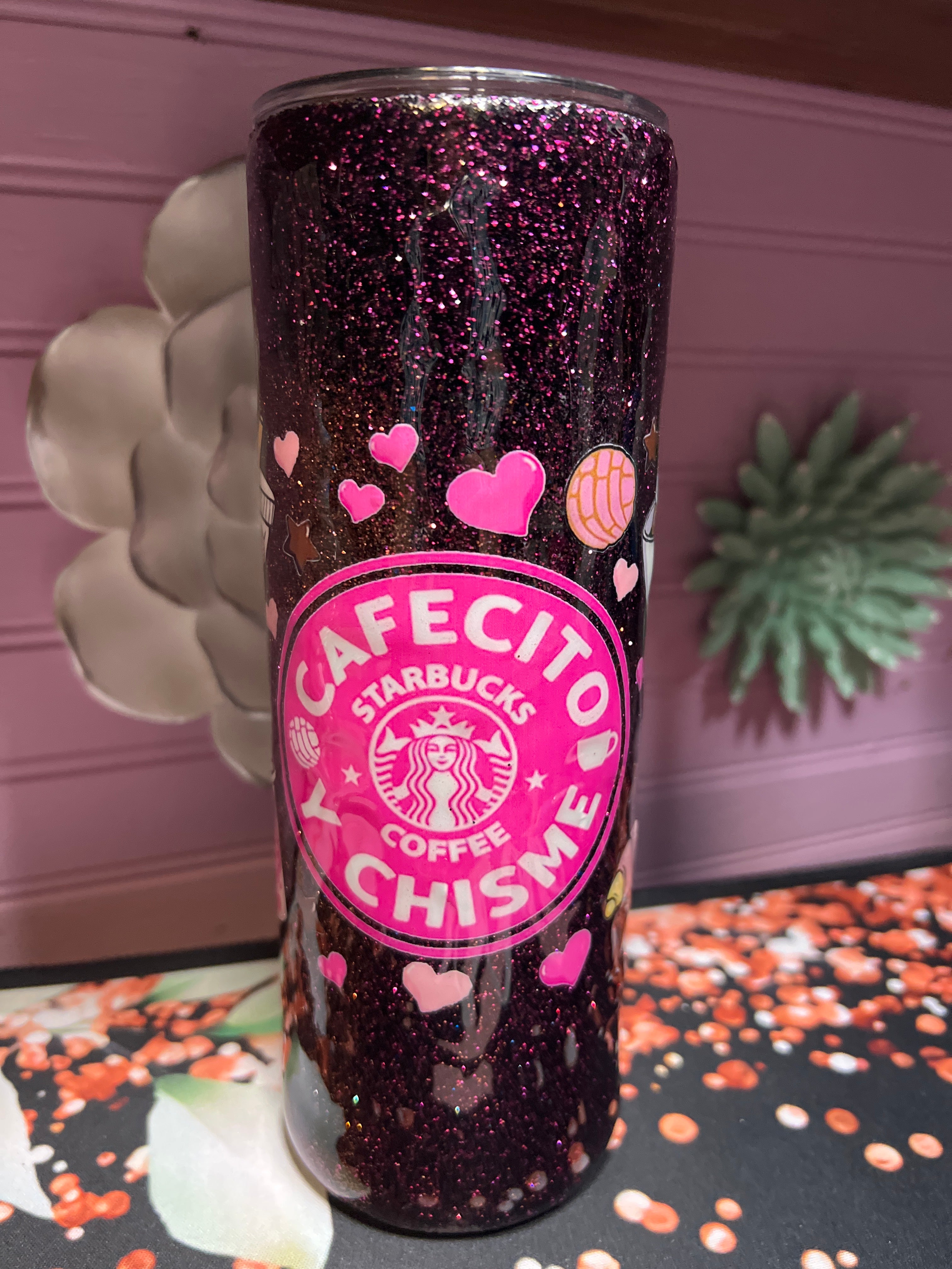 Cafecito y chisme stickers UV DTF resina glitter tumbler 20 oz
