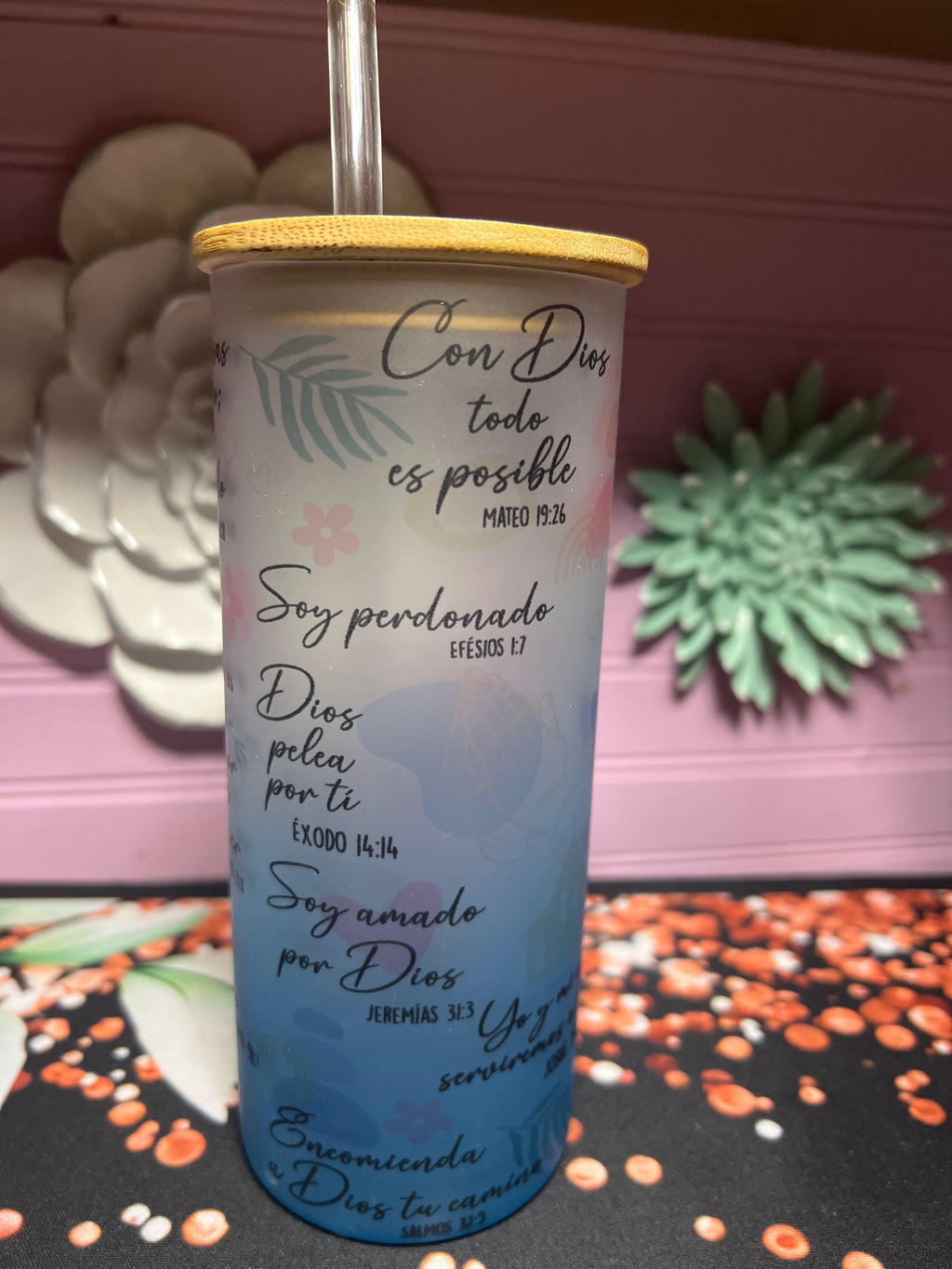Frases inspiradoras de la Biblia frosted glass cup 18 oz