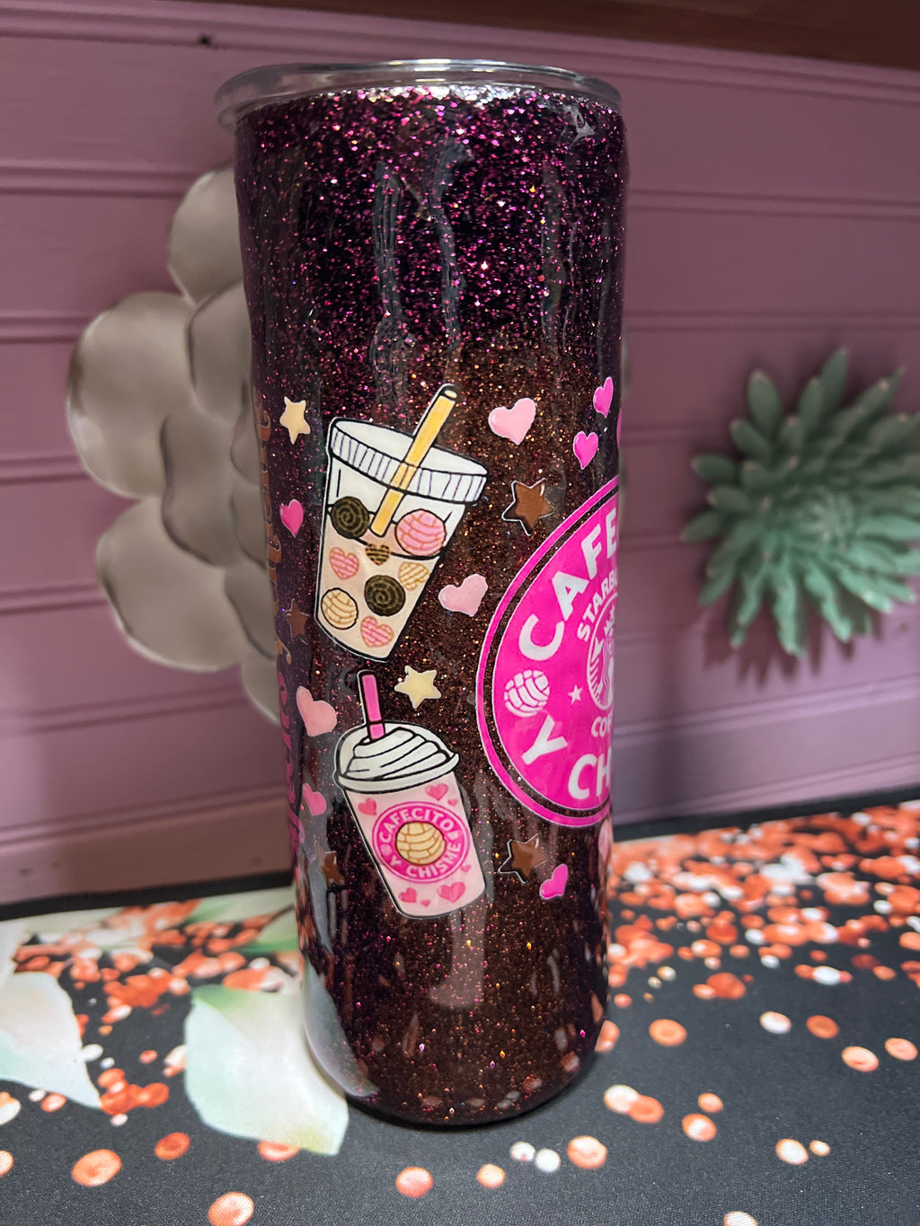 Cafecito y chisme stickers UV DTF resina glitter tumbler 20 oz