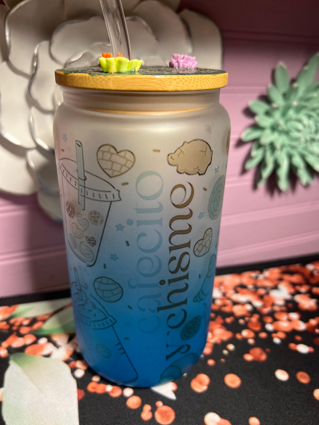 Frosted Glass cup 16 oz Cafecito y chisme