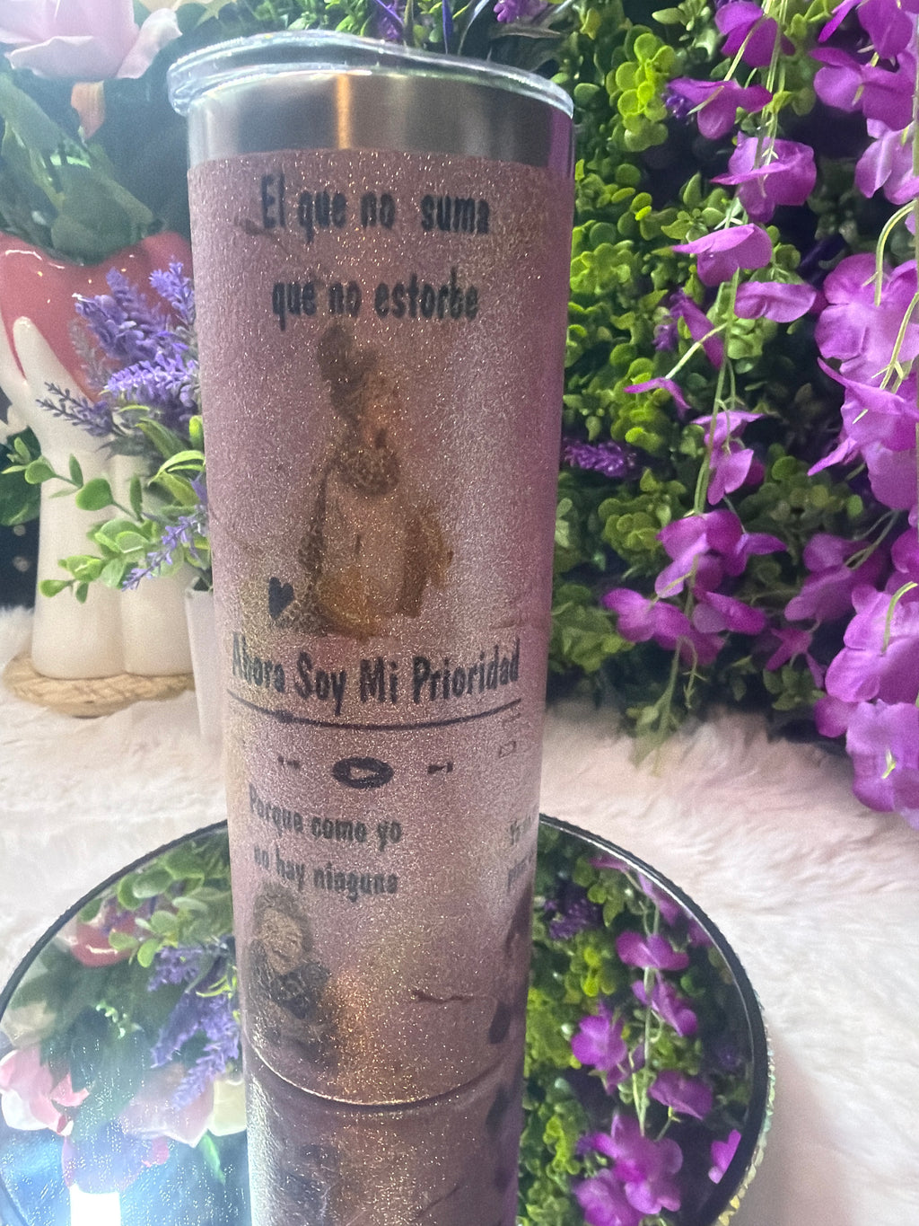 Ahora soy mi prioridad tumbler rosa con destellos de glitter
