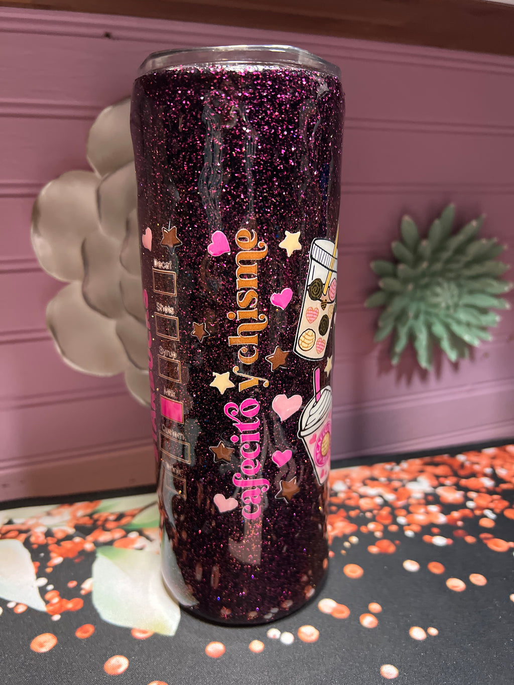 Cafecito y chisme stickers UV DTF resina glitter tumbler 20 oz