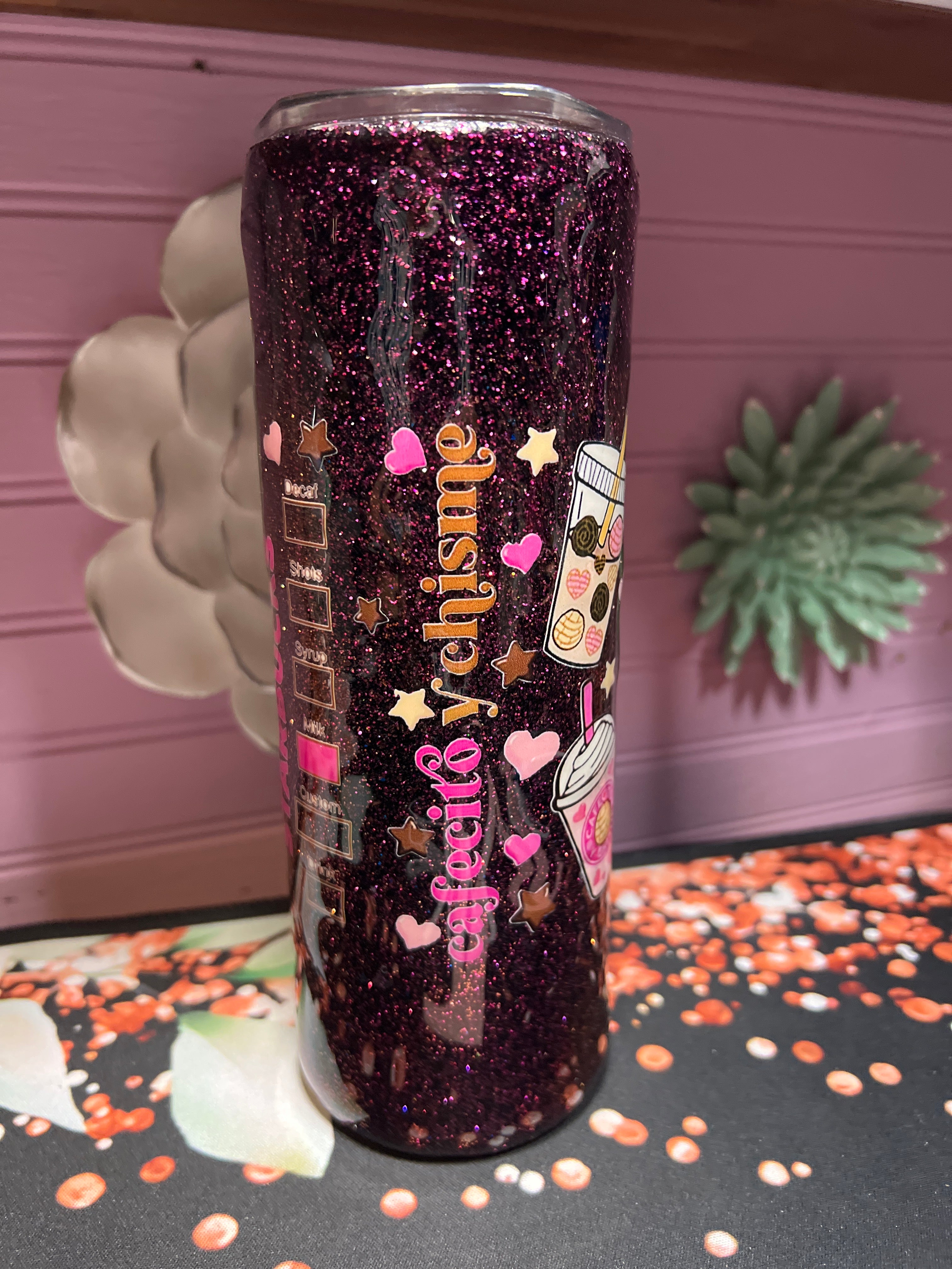 Cafecito y chisme stickers UV DTF resina glitter tumbler 20 oz