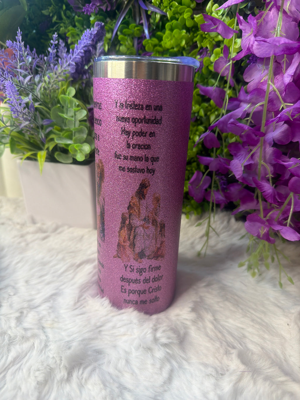 Hay poder en la oración tumbler morado con destellos de glitter 20 oz