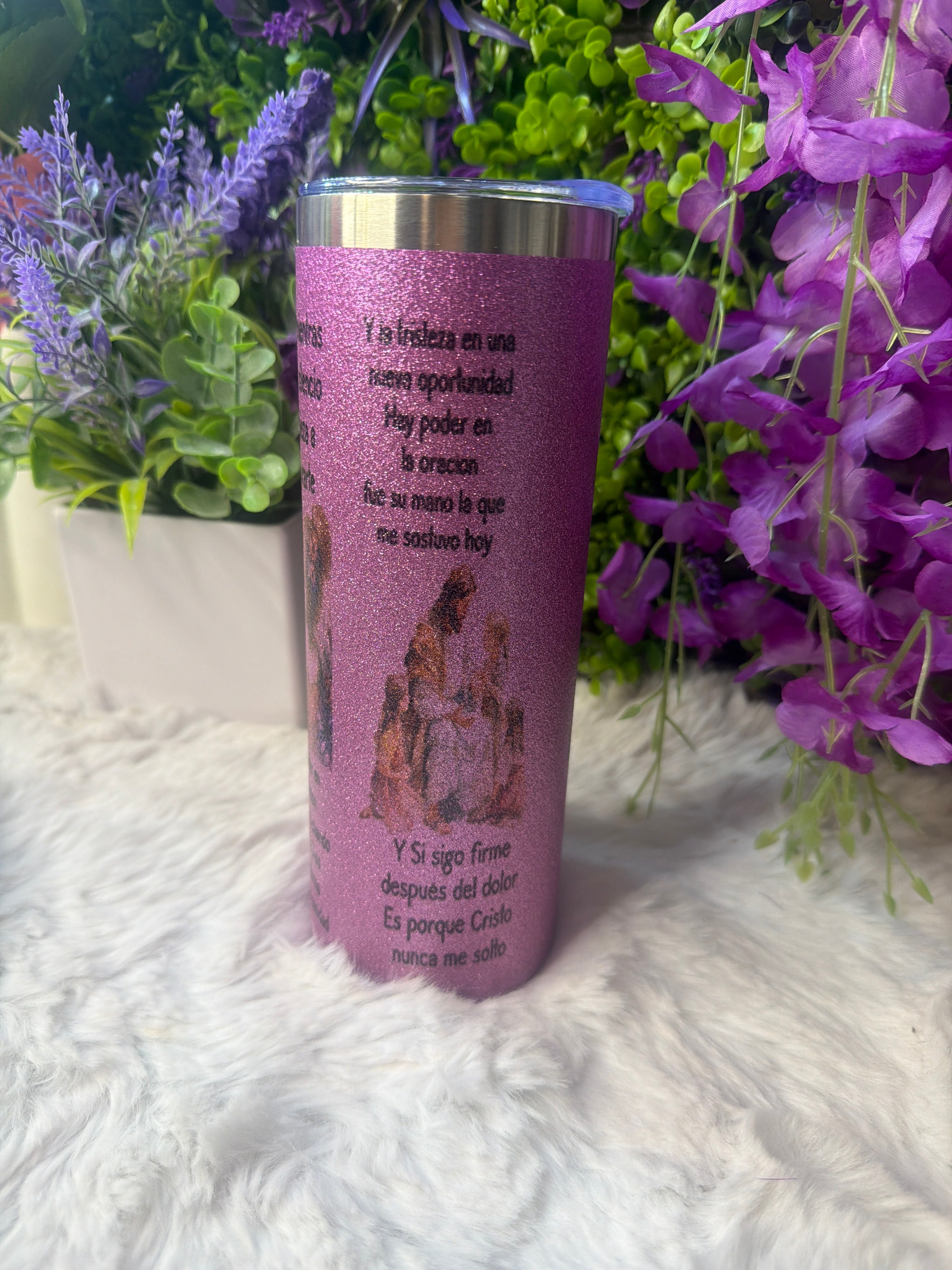 Hay poder en la oración tumbler morado con destellos de glitter 20 oz